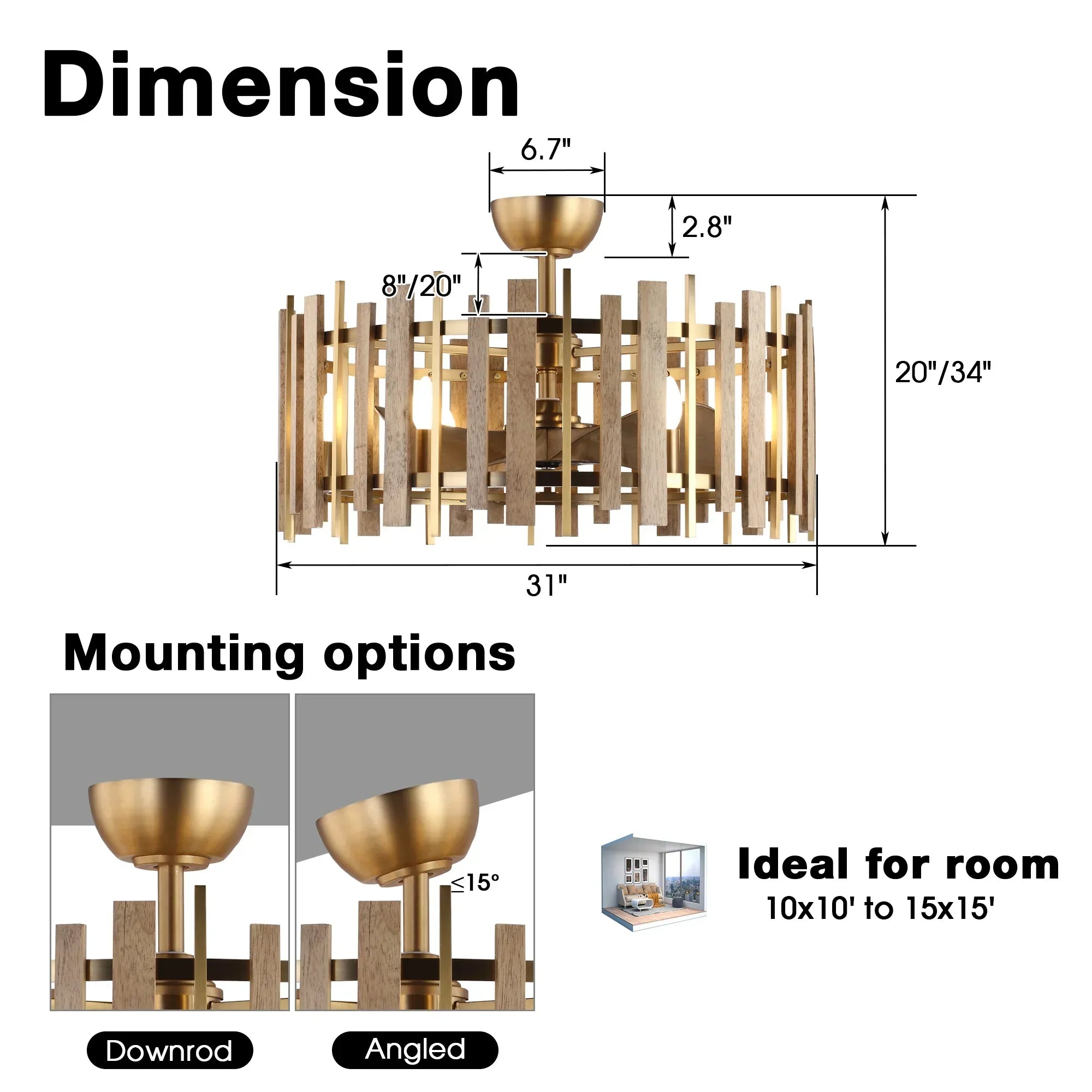 Perimost 31 Inch Electroplated Golden Downrod Mount Luxury Fandelier with Light and Remote Control