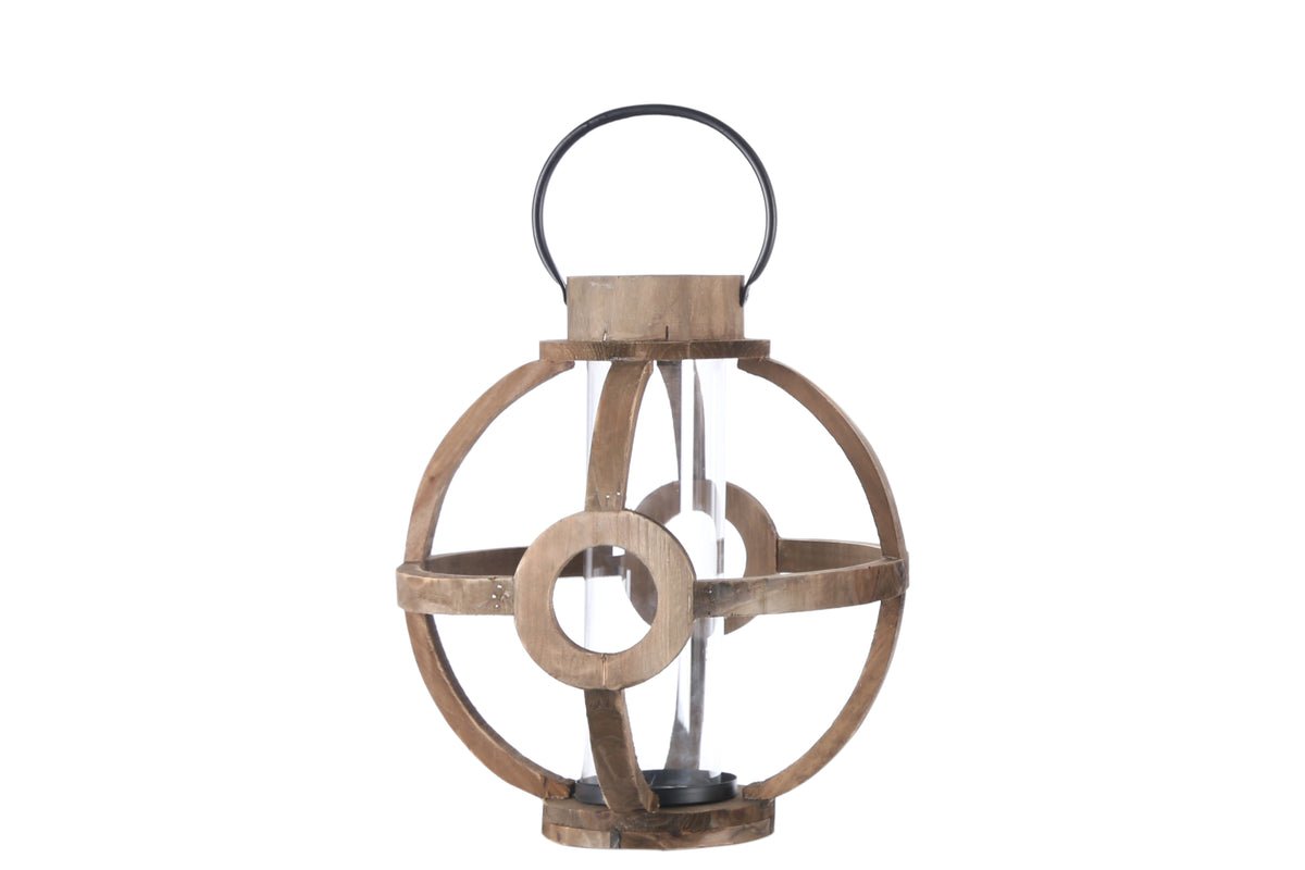 Wood Round Lantern with Metal Handle and Hurricane Candle Holder Natural Finish Brown