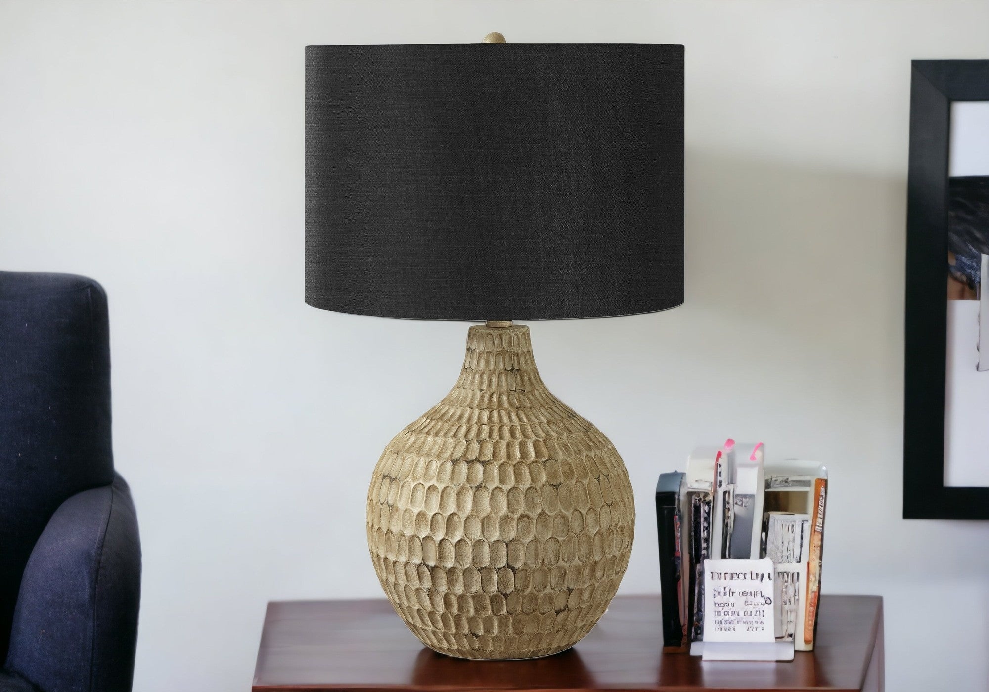 25'' Brown Geometric Table Lamp With Black Drum Shade
