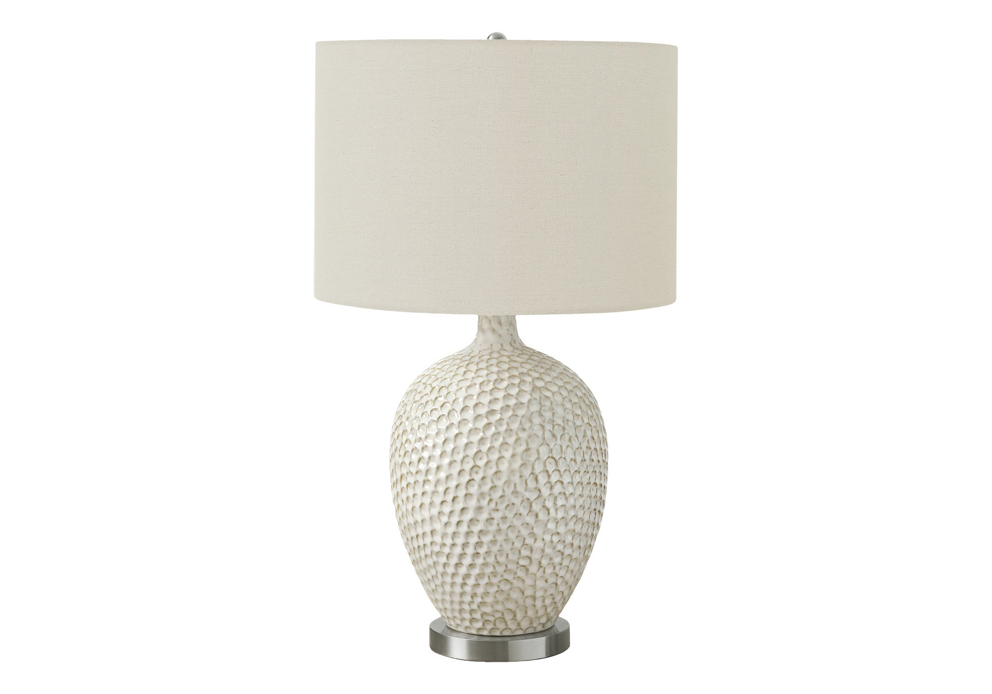 28'' White And Silver Ceramic Round Table Lamp With Cream Drum Shade