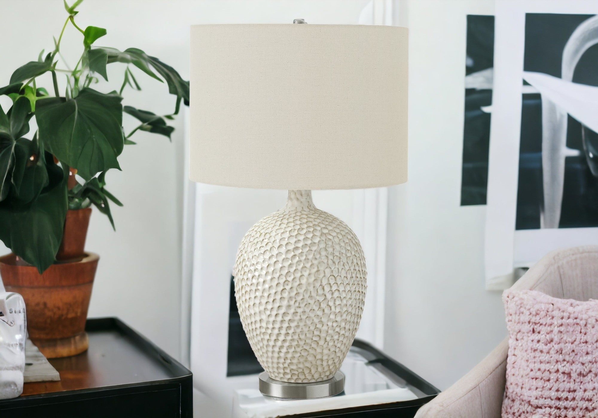 28'' White And Silver Ceramic Round Table Lamp With Cream Drum Shade