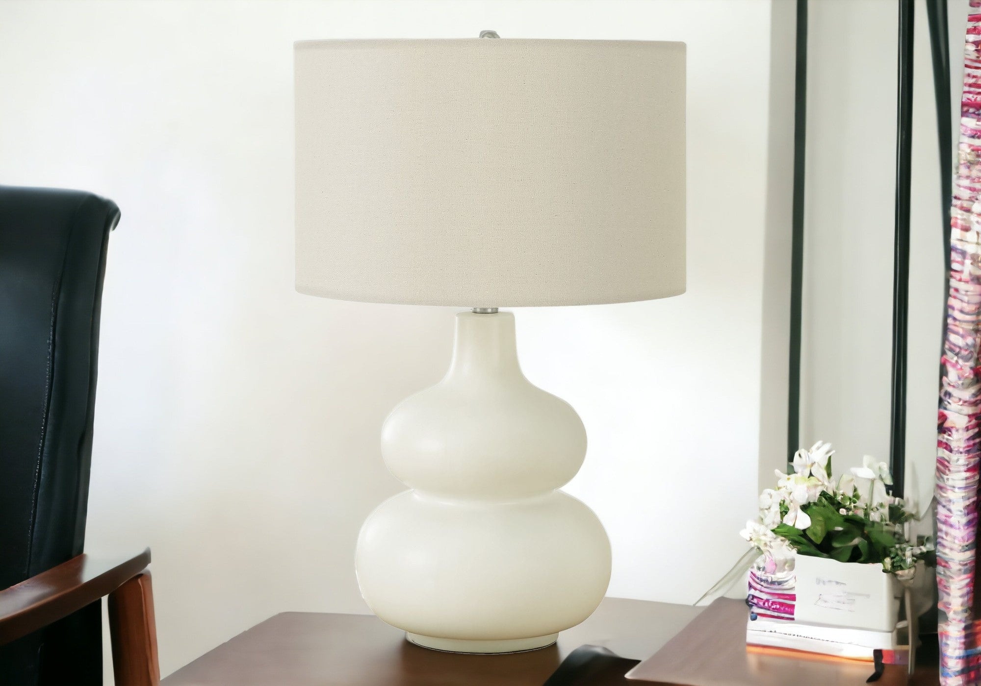 25'' Cream Ceramic Gourd Table Lamp With Cream Drum Shade