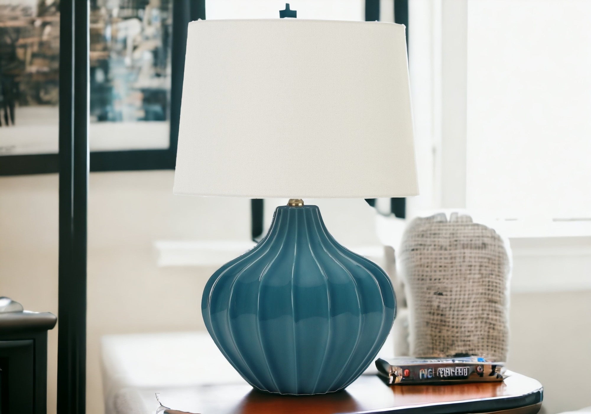 24'' Blue Ceramic Gourd Table Lamp With Cream Empire Shade