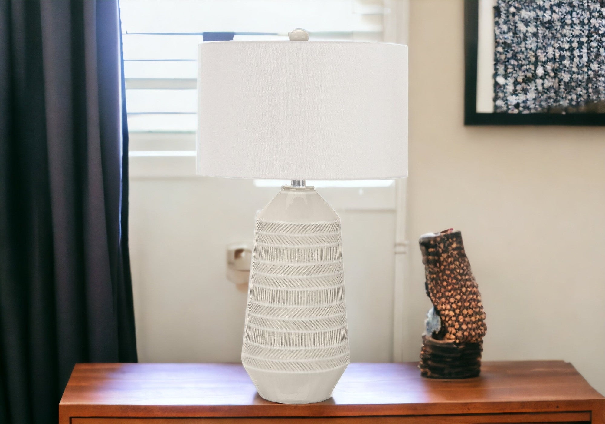 33'' Ivory Ceramic Geometric Table Lamp With Cream Drum Shade