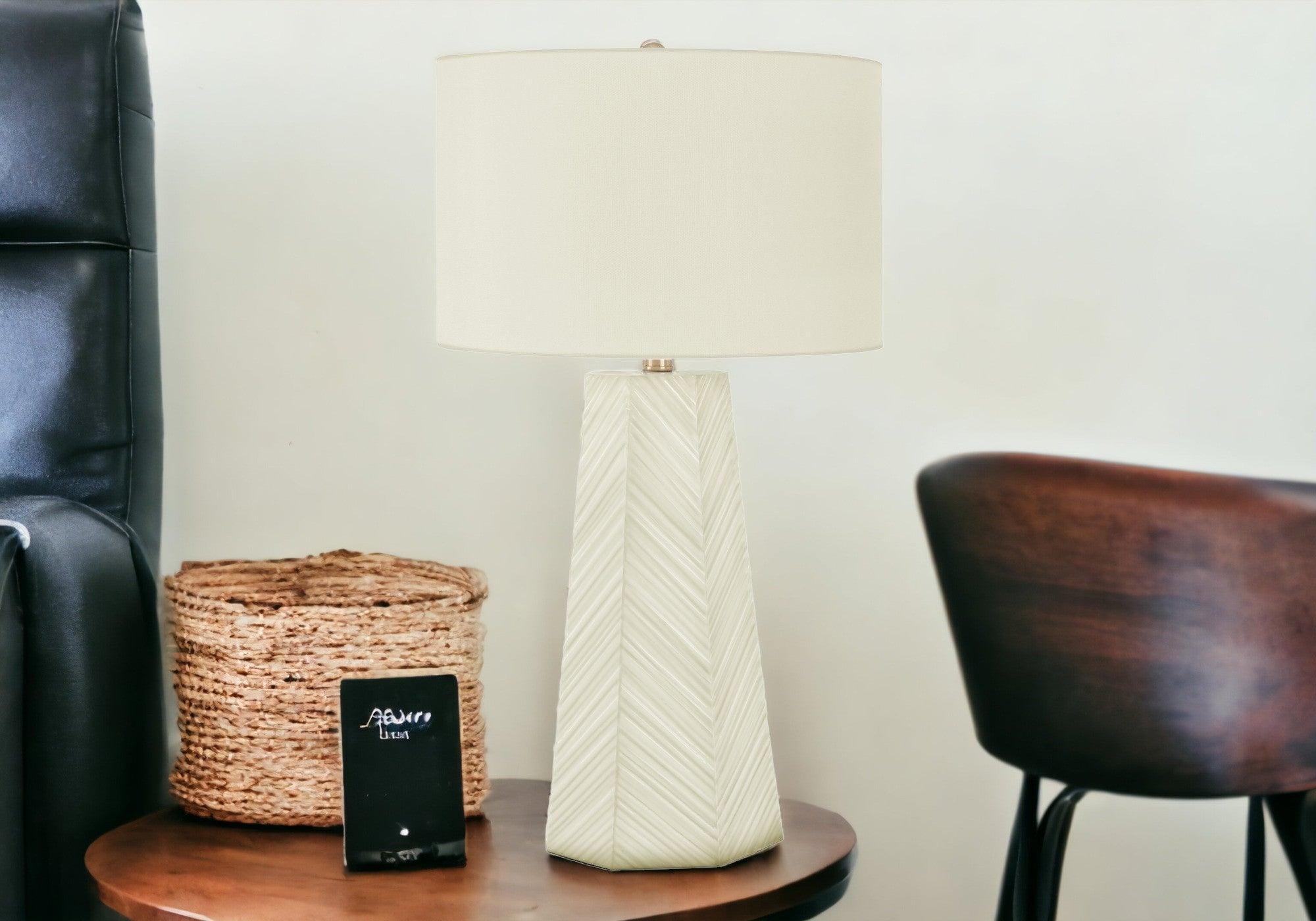 29'' White Ceramic Geometric Table Lamp With Ivory Drum Shade