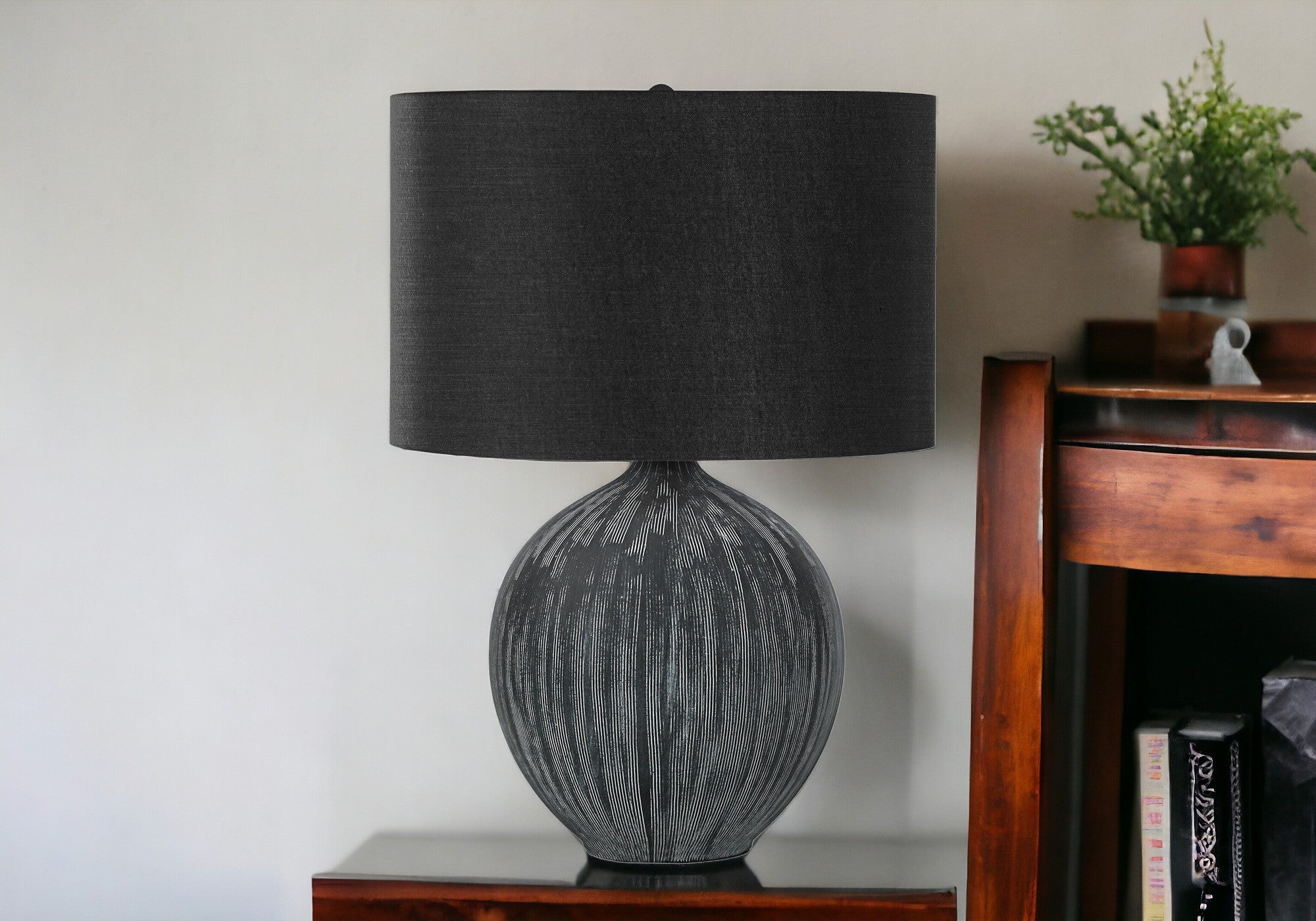 23'' Black Ceramic Round Table Lamp With Black Drum Shade