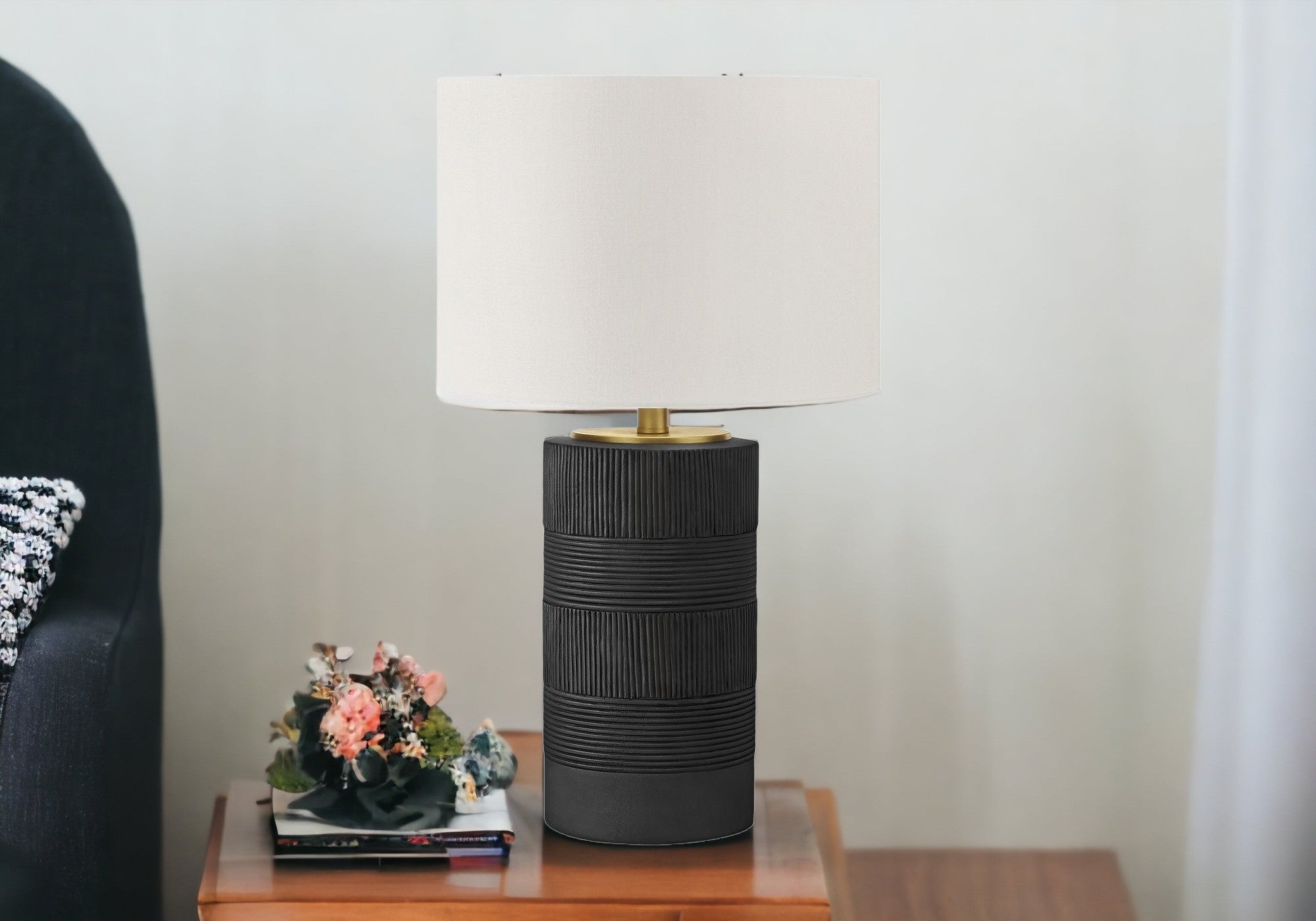 24'' Black Cylinder Table Lamp With Ivory Drum Shade