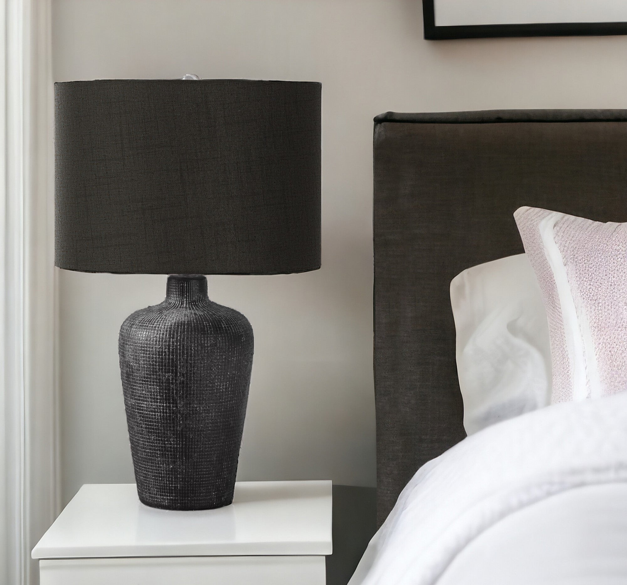 24'' Black Ceramic Round Table Lamp With Black Drum Shade