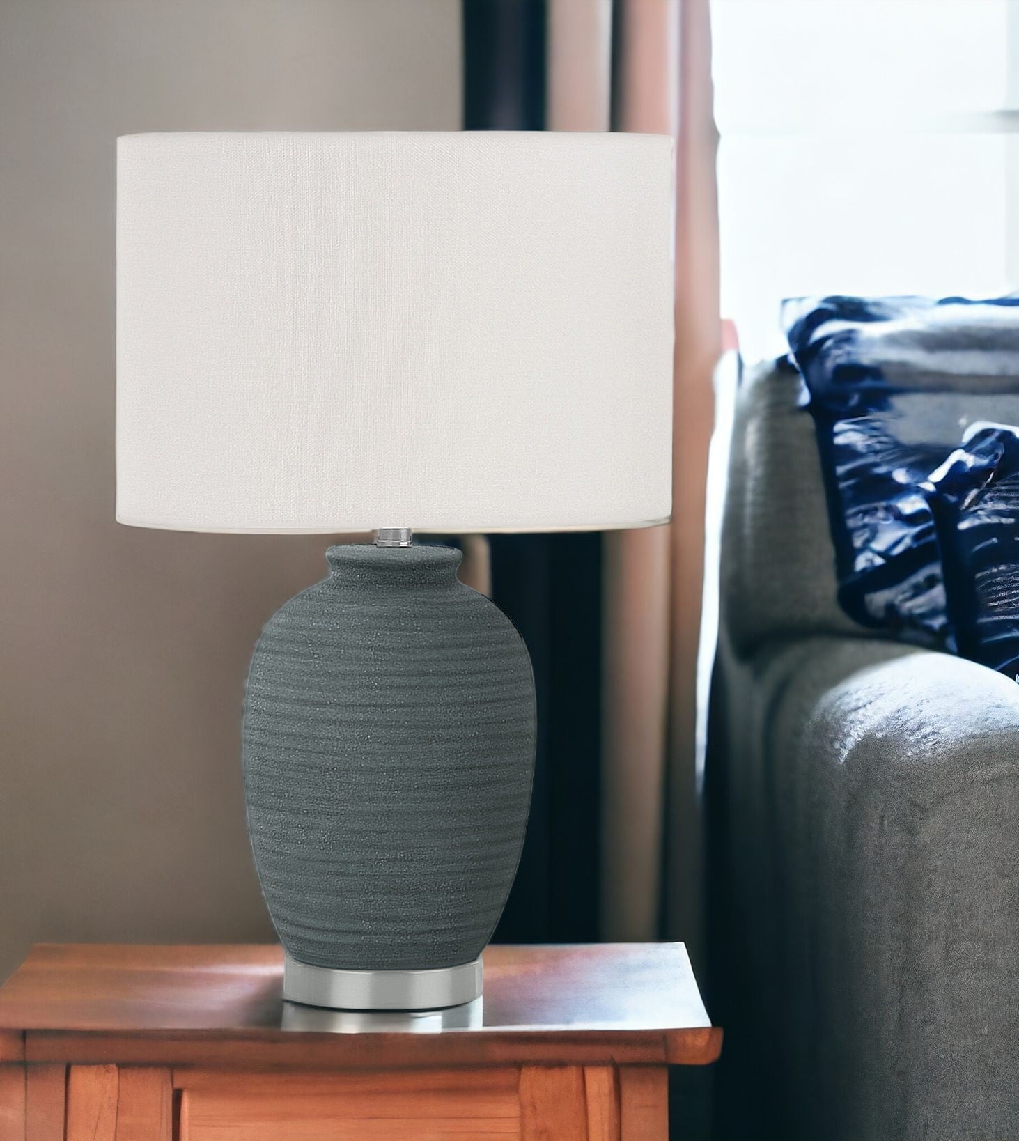 24'' Blue And Silver Ceramic Round Table Lamp With Ivory Drum Shade
