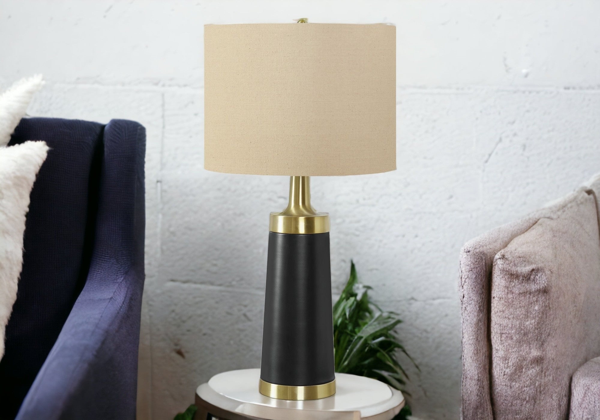 28'' Black And Gold Metal Cylinder Table Lamp With Beige Drum Shade