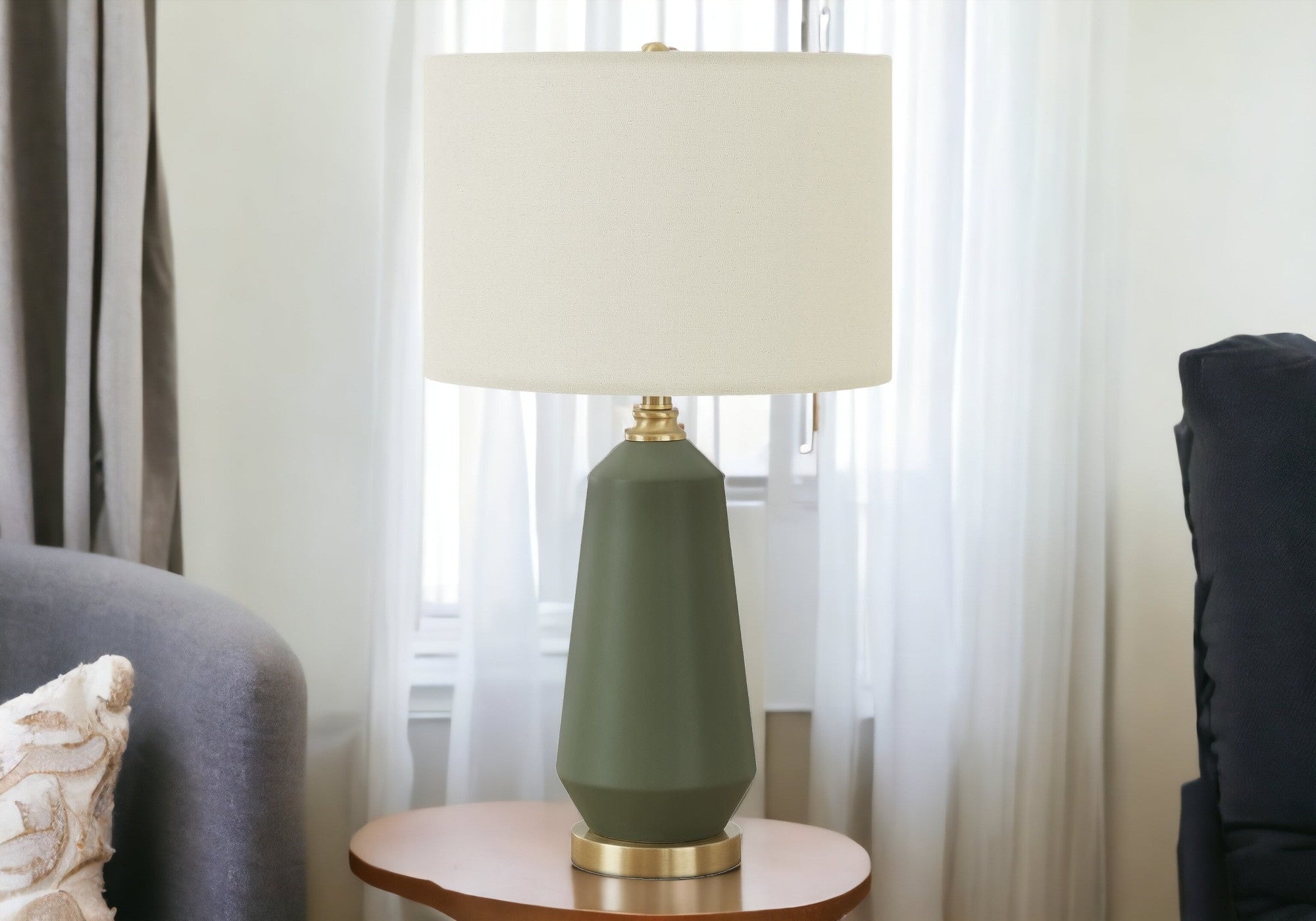 26'' Green Ceramic Geometric Table Lamp With Ivory Drum Shade