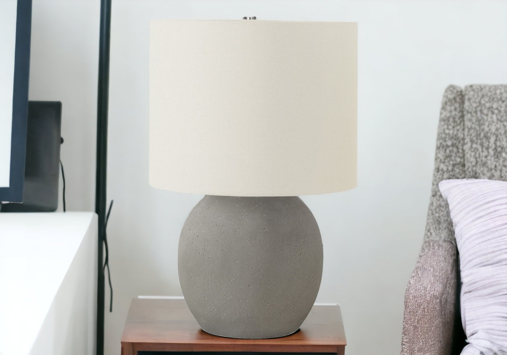 20'' Gray Concrete Round Table Lamp With Ivory Drum Shade