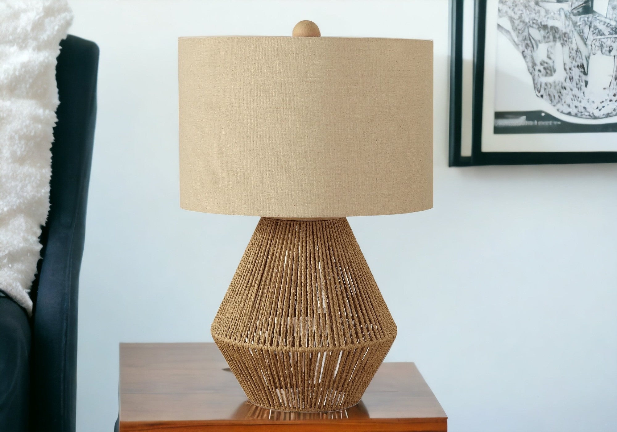 22'' Brown Rattan Geometric Table Lamp With Beige Drum Shade