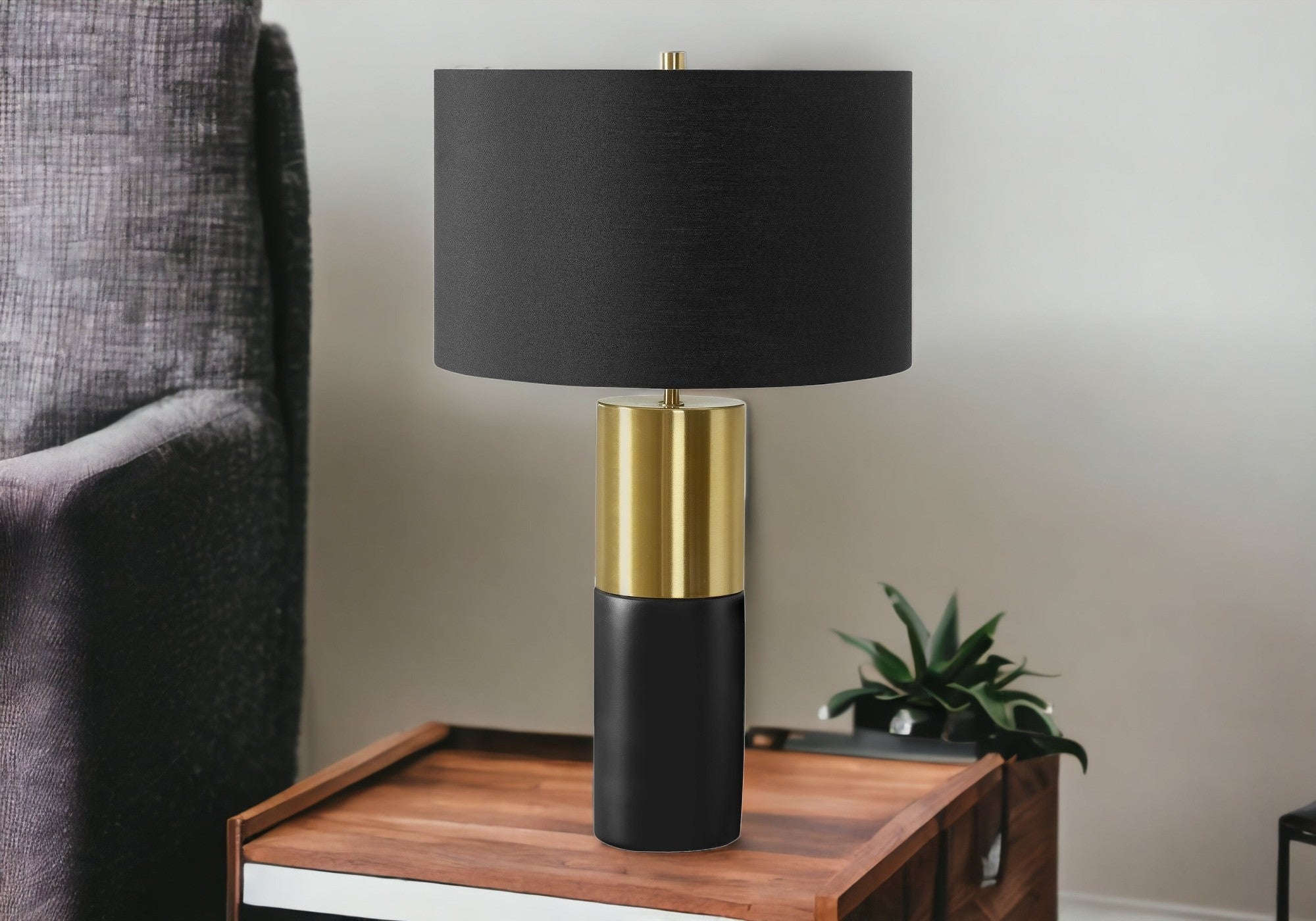 25'' Black And Gold Concrete Cylinder Table Lamp With Black Drum Shade