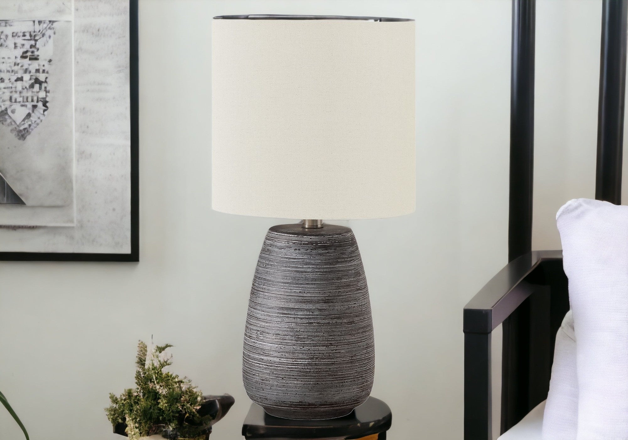 19'' Gray Ceramic Round Table Lamp With Ivory Drum Shade