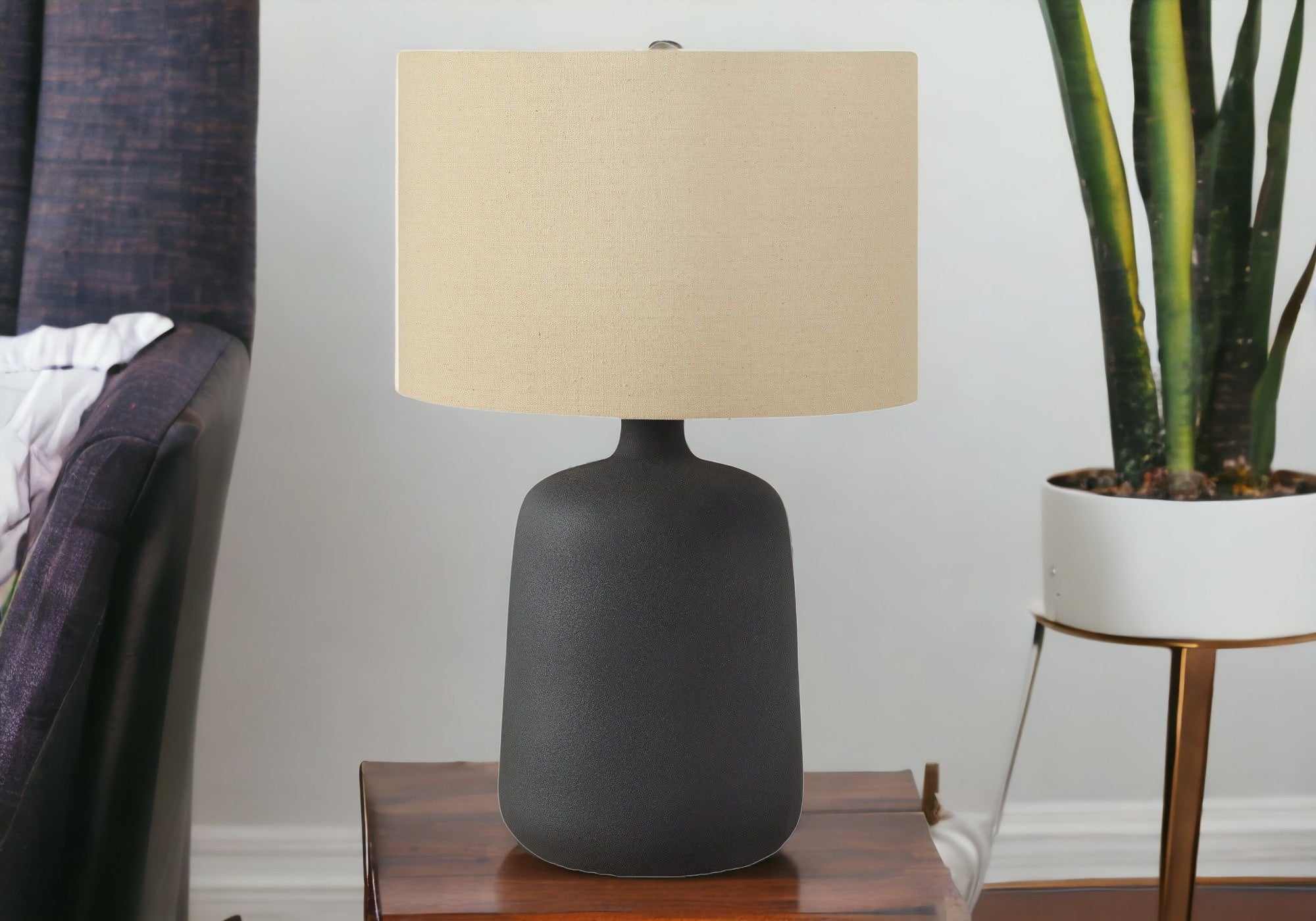 24'' Black Ceramic Round Table Lamp With Beige Drum Shade
