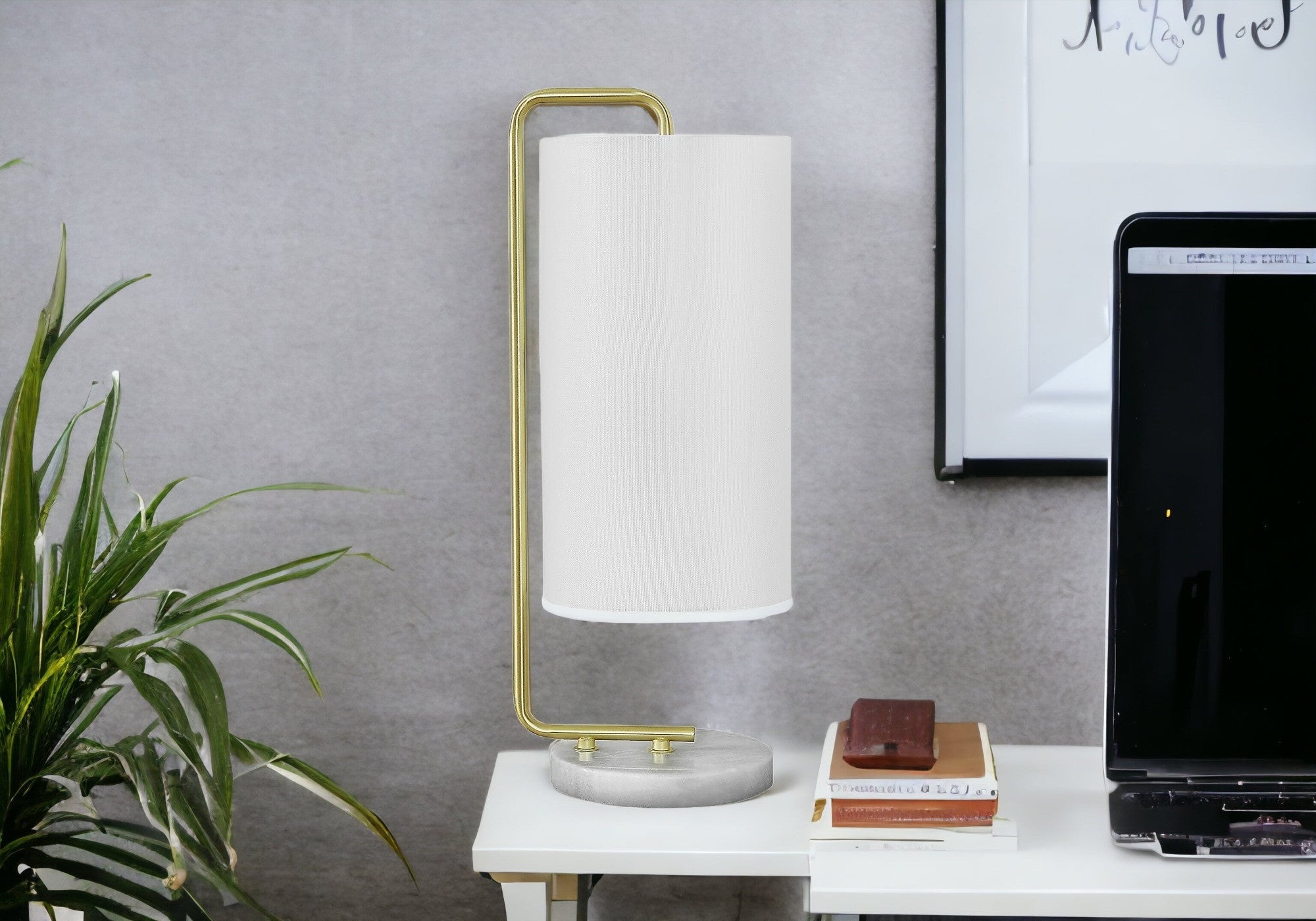 20'' Gold And White Marble Round Arched Table Lamp With Ivory Drum Shade
