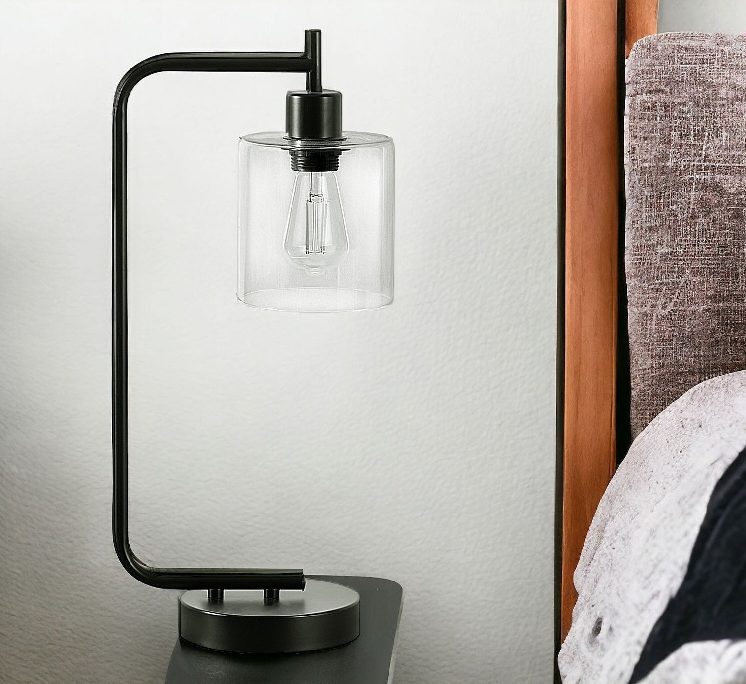 20'' Black Metal Round Arched Usb Table Lamp With Clear Drum Shade