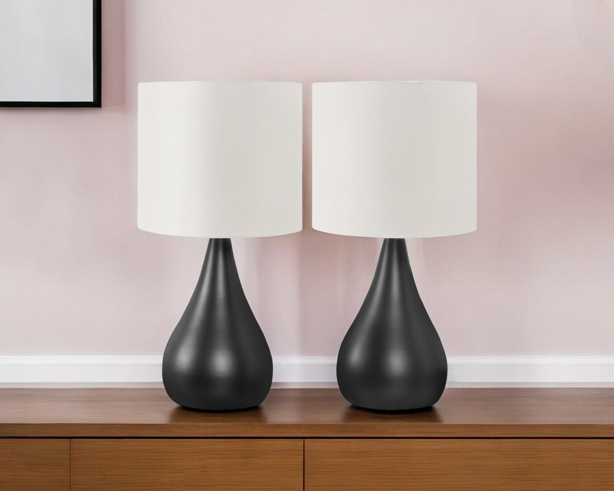 Set Of Two 18'' Black Metal Round Table Lamps With Ivory Drum Shade