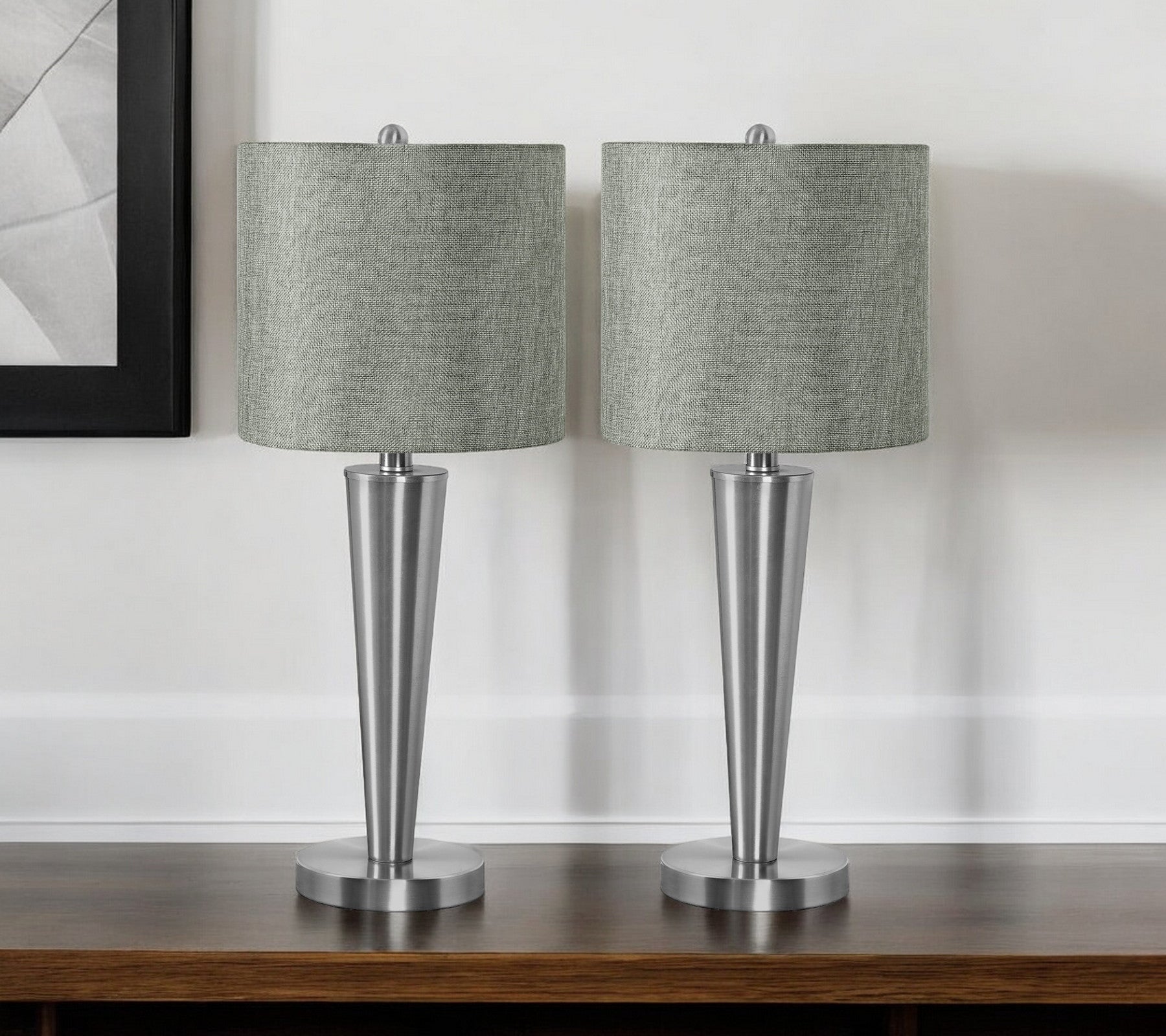 Set Of Two 24'' Silver Metal Candlestick Usb Table Lamps With Gray Drum Shade