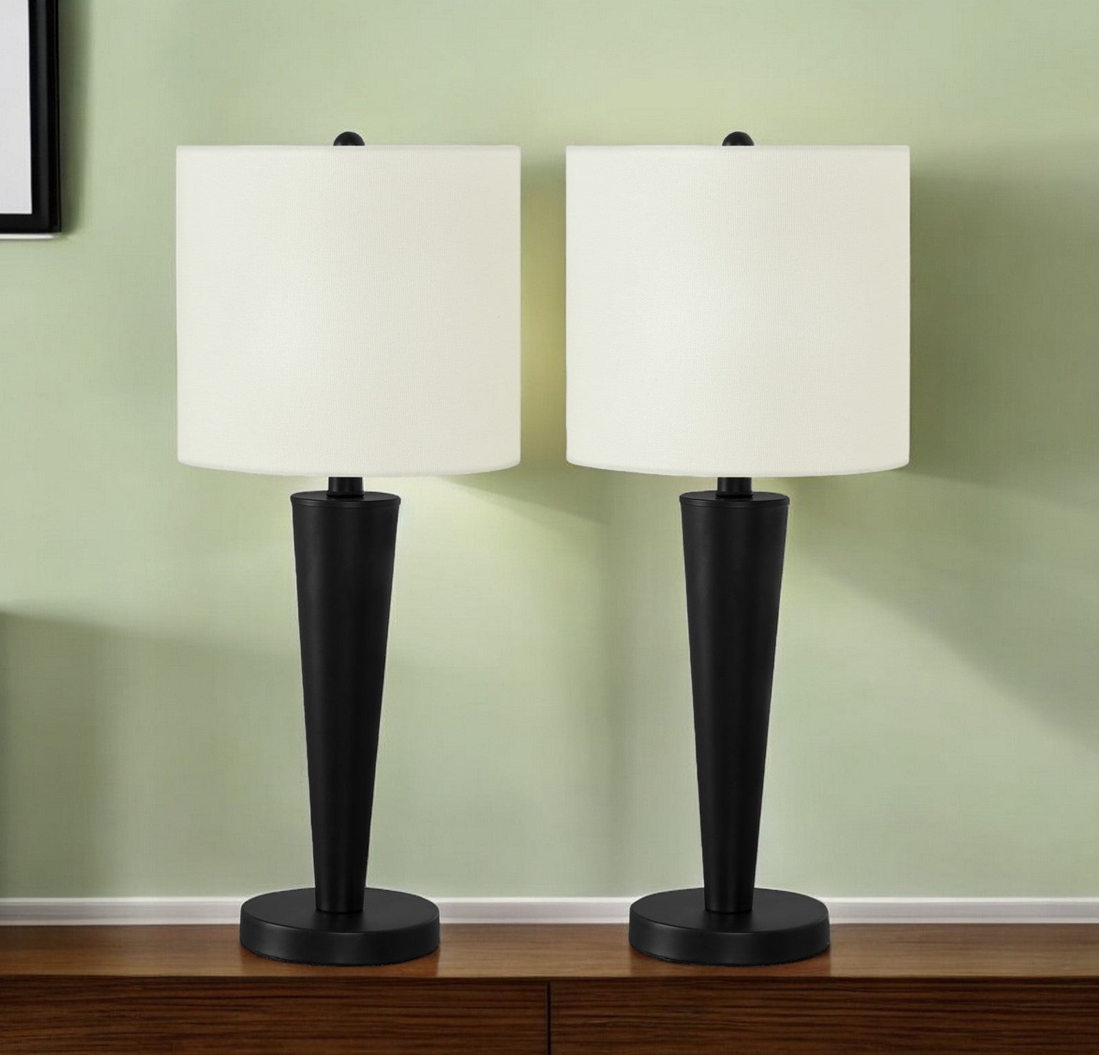 Set Of Two 24'' Black Metal Candlestick Usb Table Lamps With Ivory Drum Shade