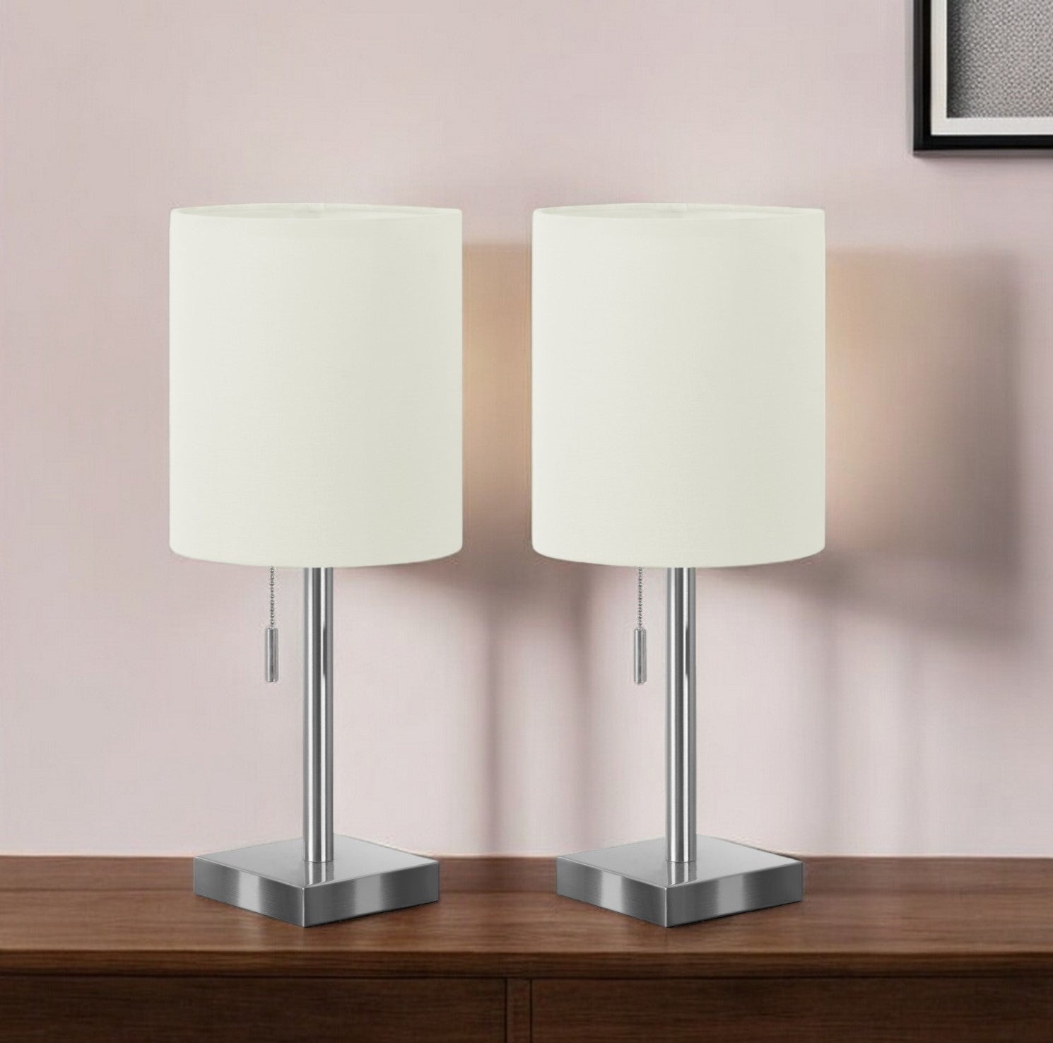 Set Of Two 17'' Silver Metal Candlestick Usb Table Lamps With Ivory Drum Shade