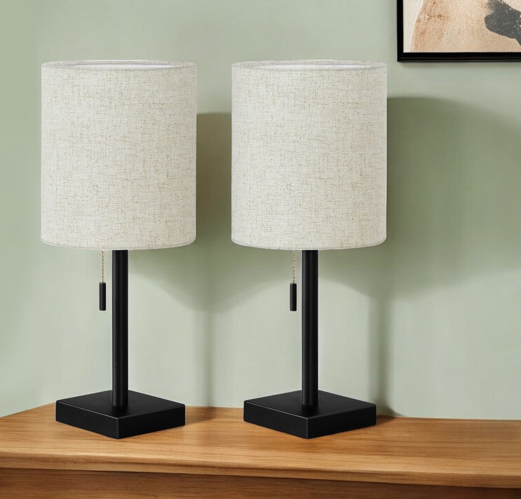 Set Of Two 17'' Black Metal Candlestick Usb Table Lamps With Beige Drum Shade
