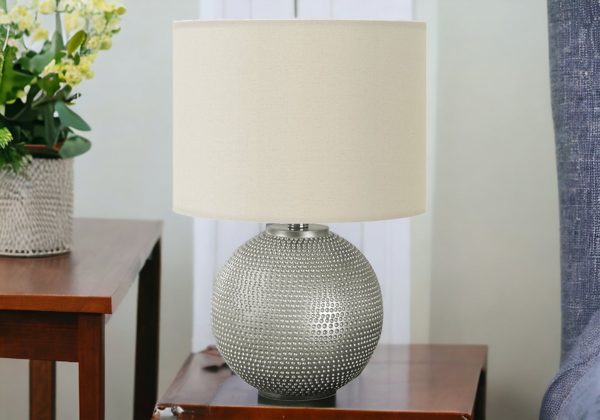19'' Gray Round Table Lamp With Ivory Drum Shade