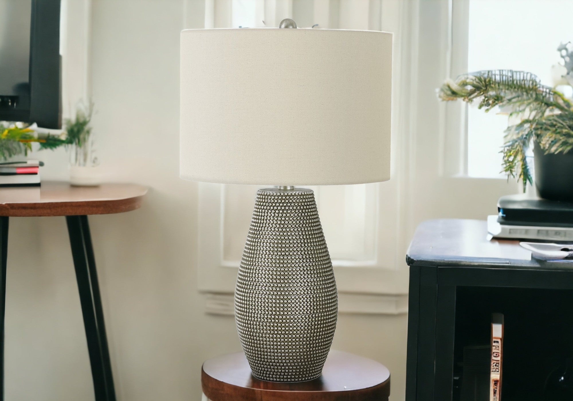 24'' Gray Round Table Lamp With Ivory Drum Shade