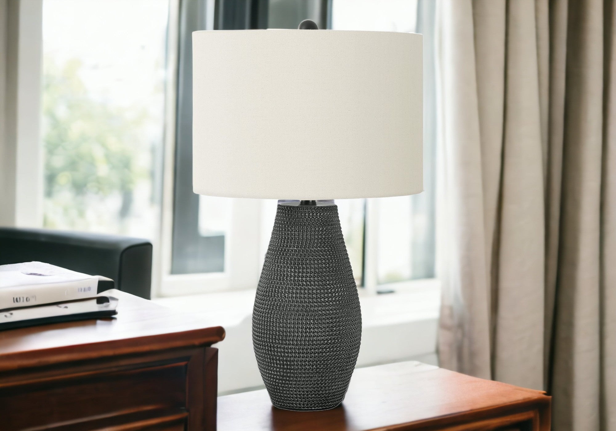 24'' Black Round Table Lamp With Ivory Drum Shade