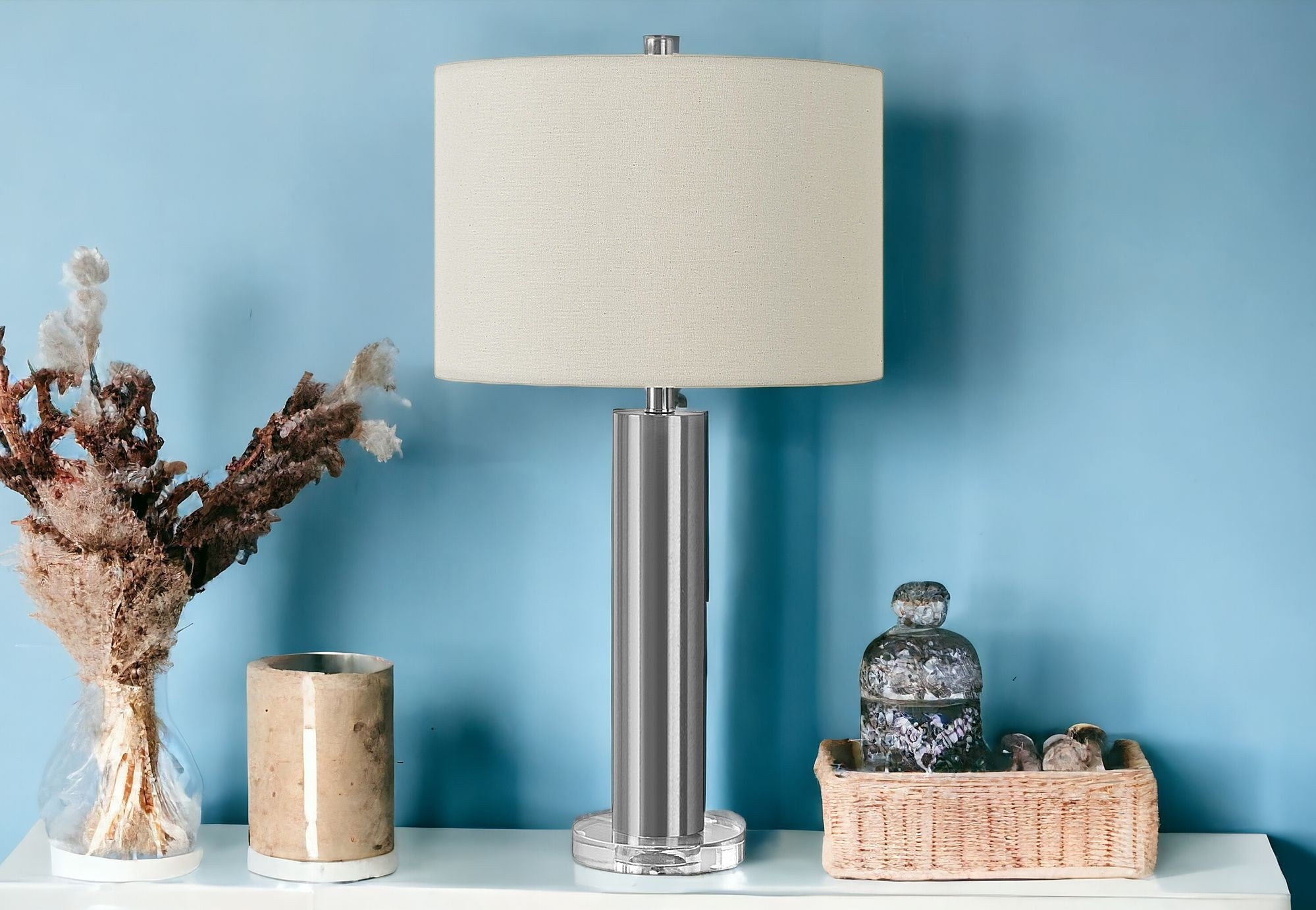 28'' Silver Acrylic Cylinder Table Lamp With Ivory Drum Shade