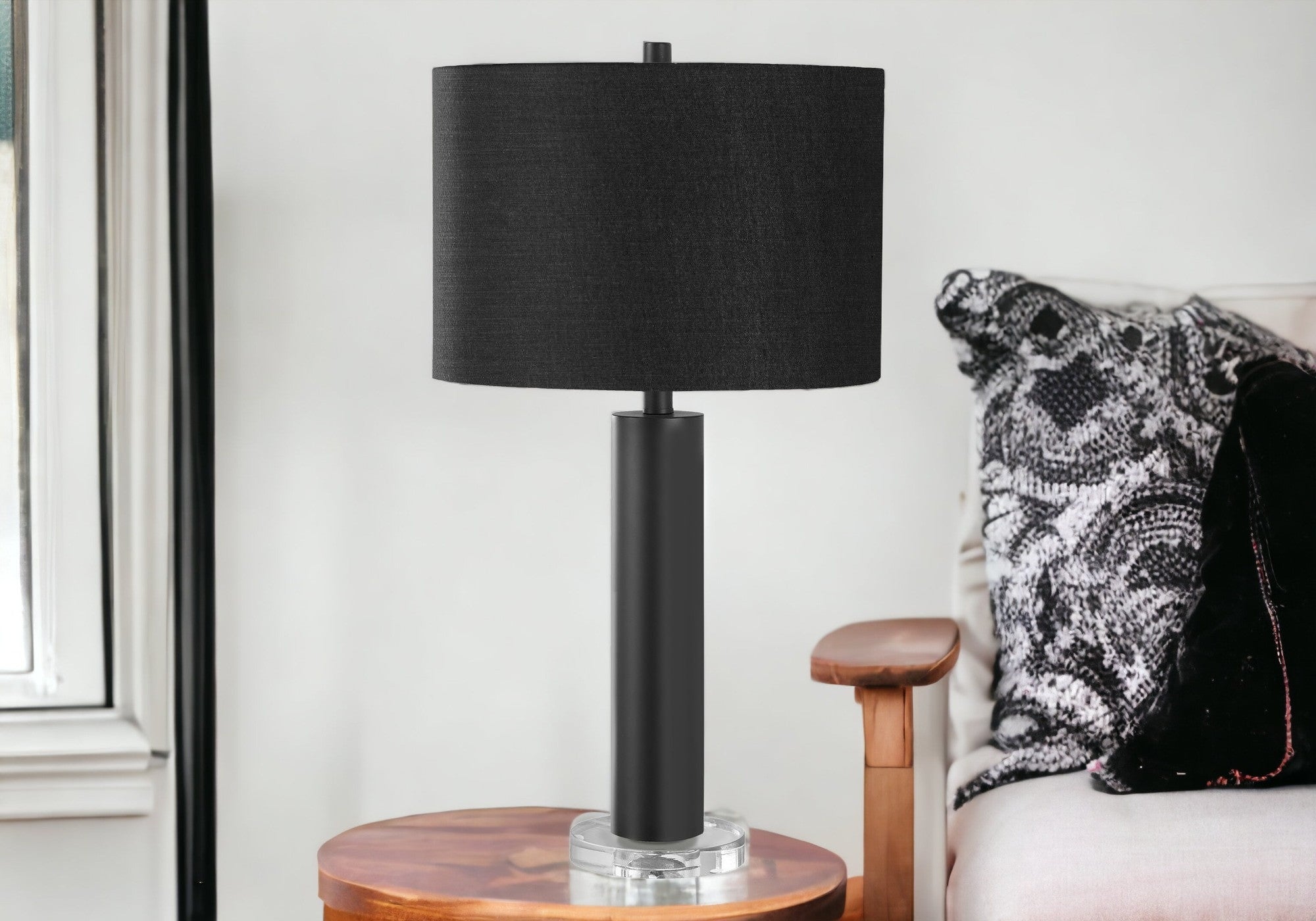 28'' Black Metal And Acrylic Cylinder Table Lamp With Black Drum Shade