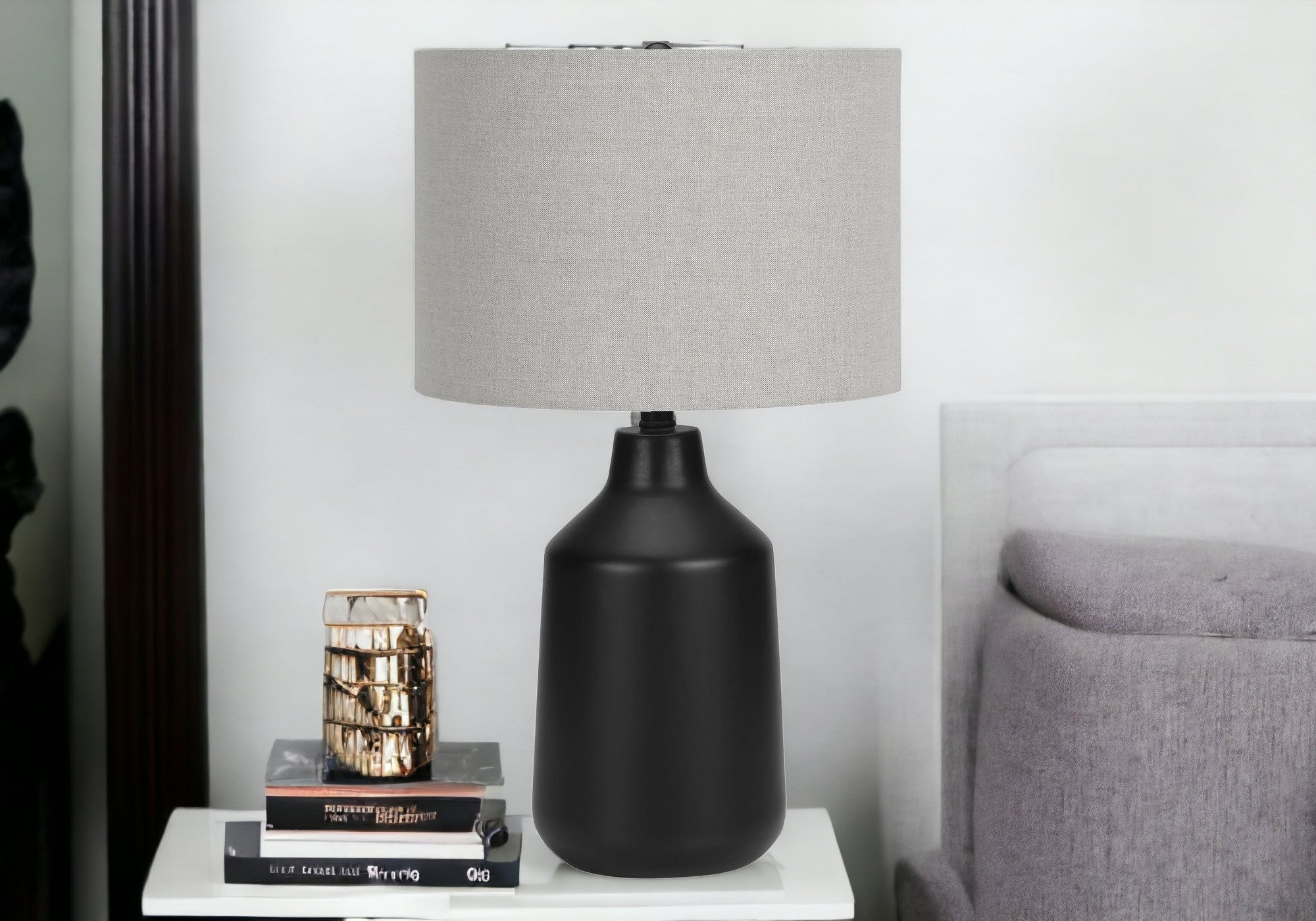 24'' Black Concrete Urn Table Lamp With Gray Drum Shade