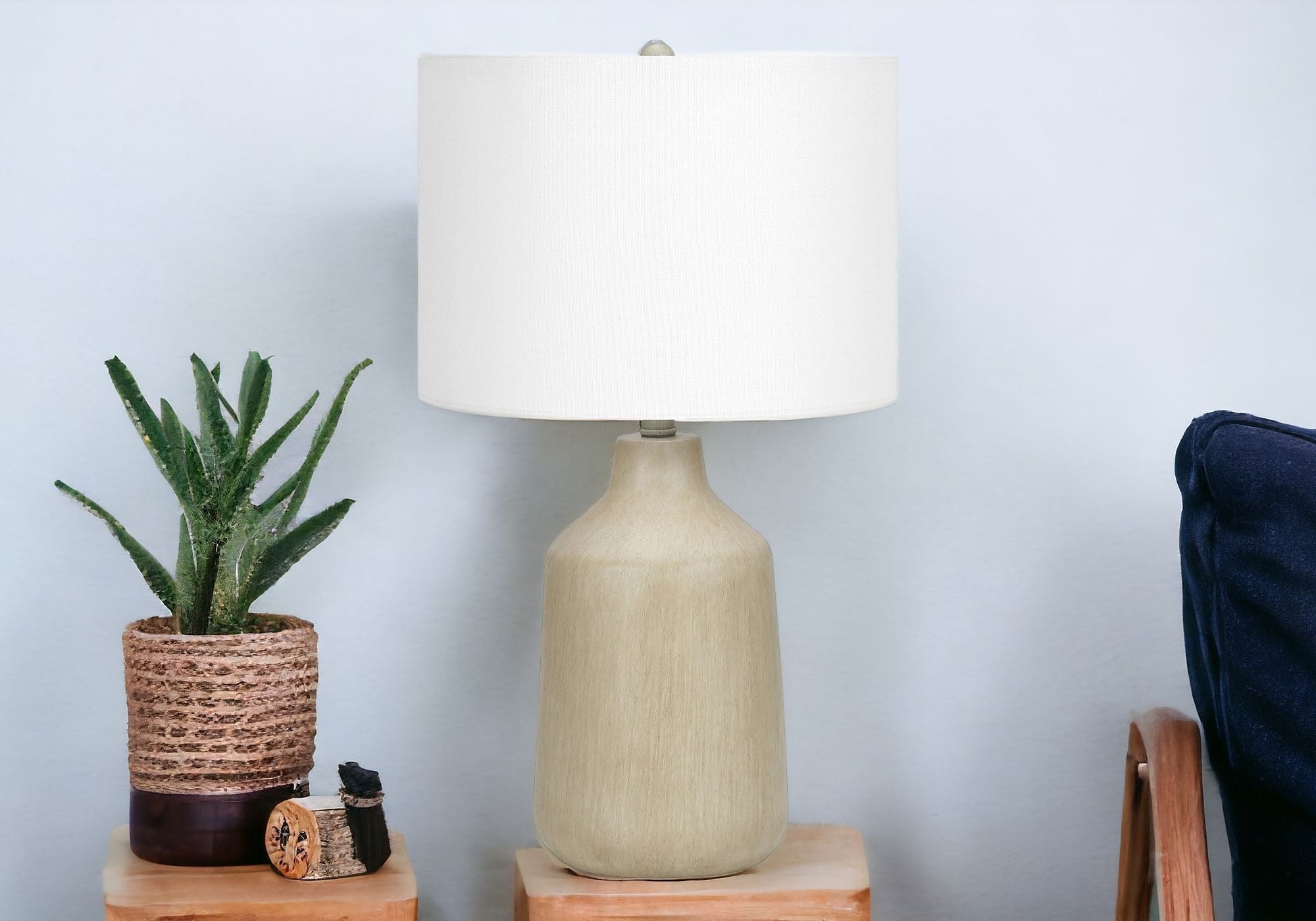 24'' Beige Concrete Urn Table Lamp With Ivory Drum Shade