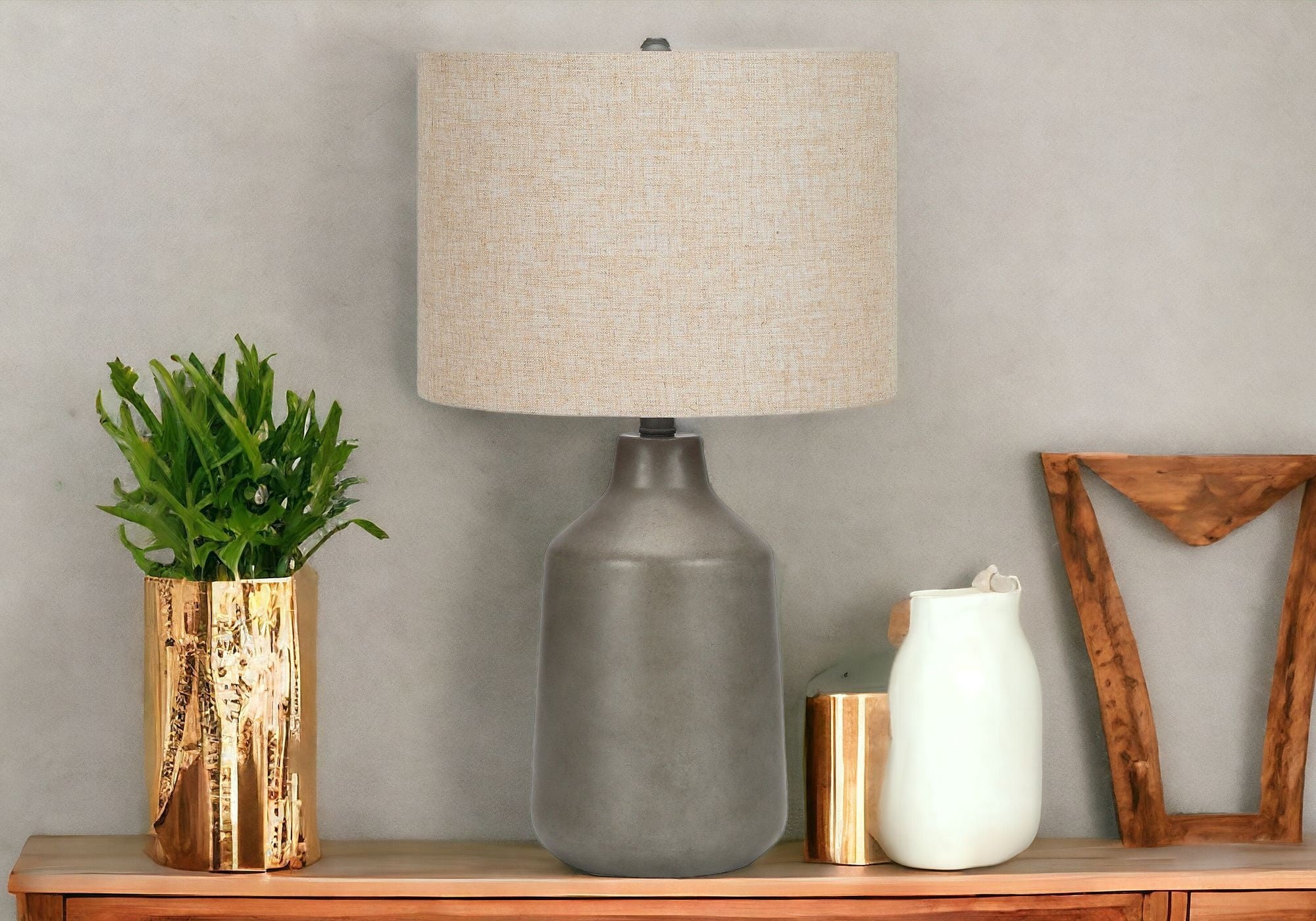 24'' Gray Concrete Urn Table Lamp With Beige Drum Shade