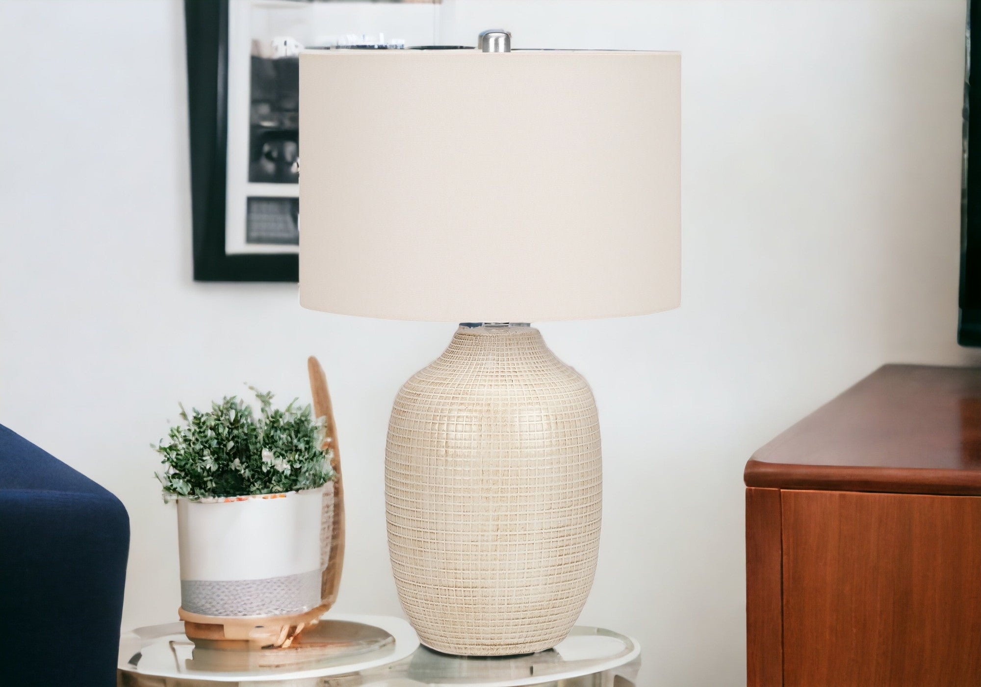 26'' Cream Ceramic Urn Table Lamp With Cream Drum Shade
