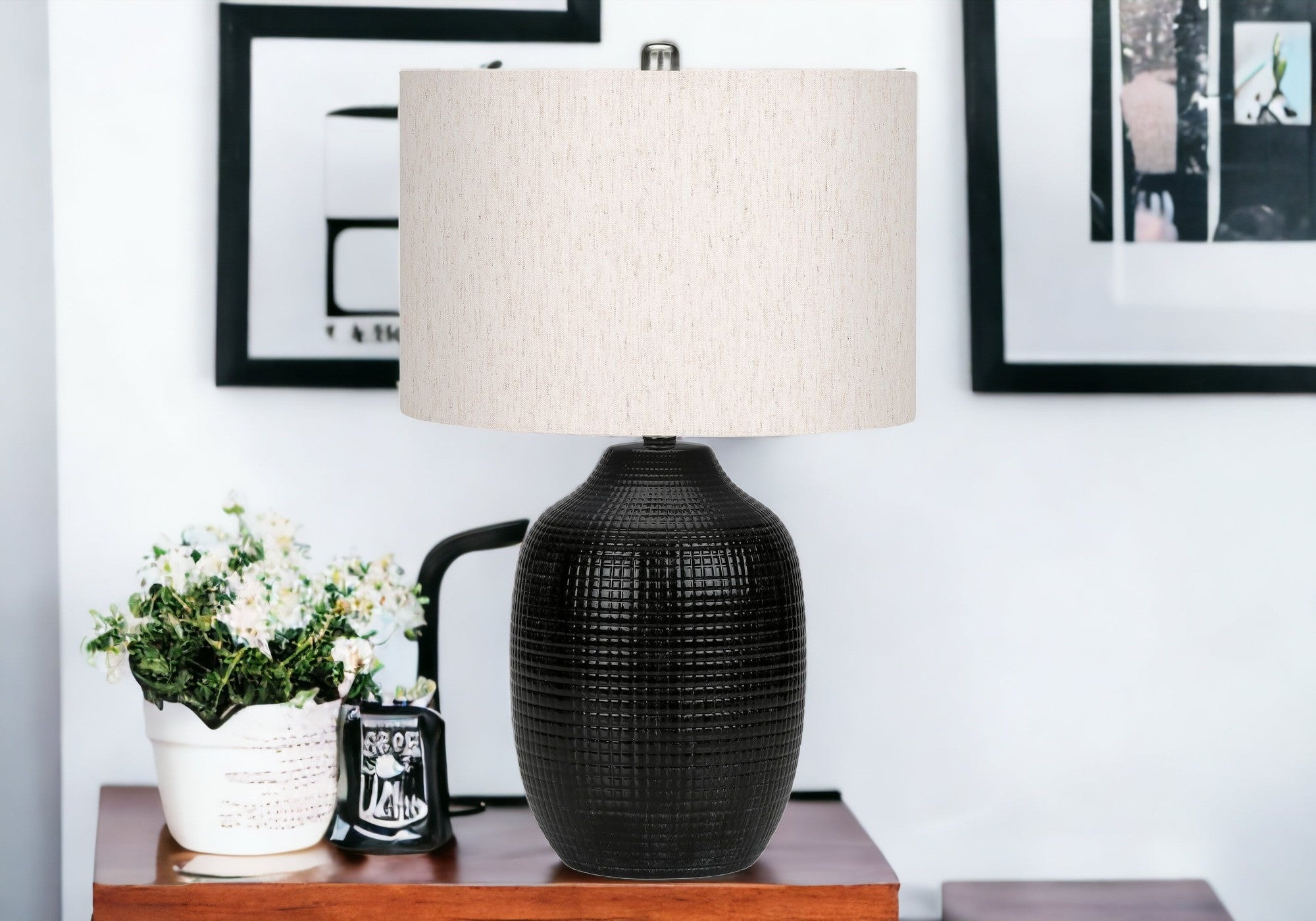 26'' Black Ceramic Urn Table Lamp With Ivory Drum Shade