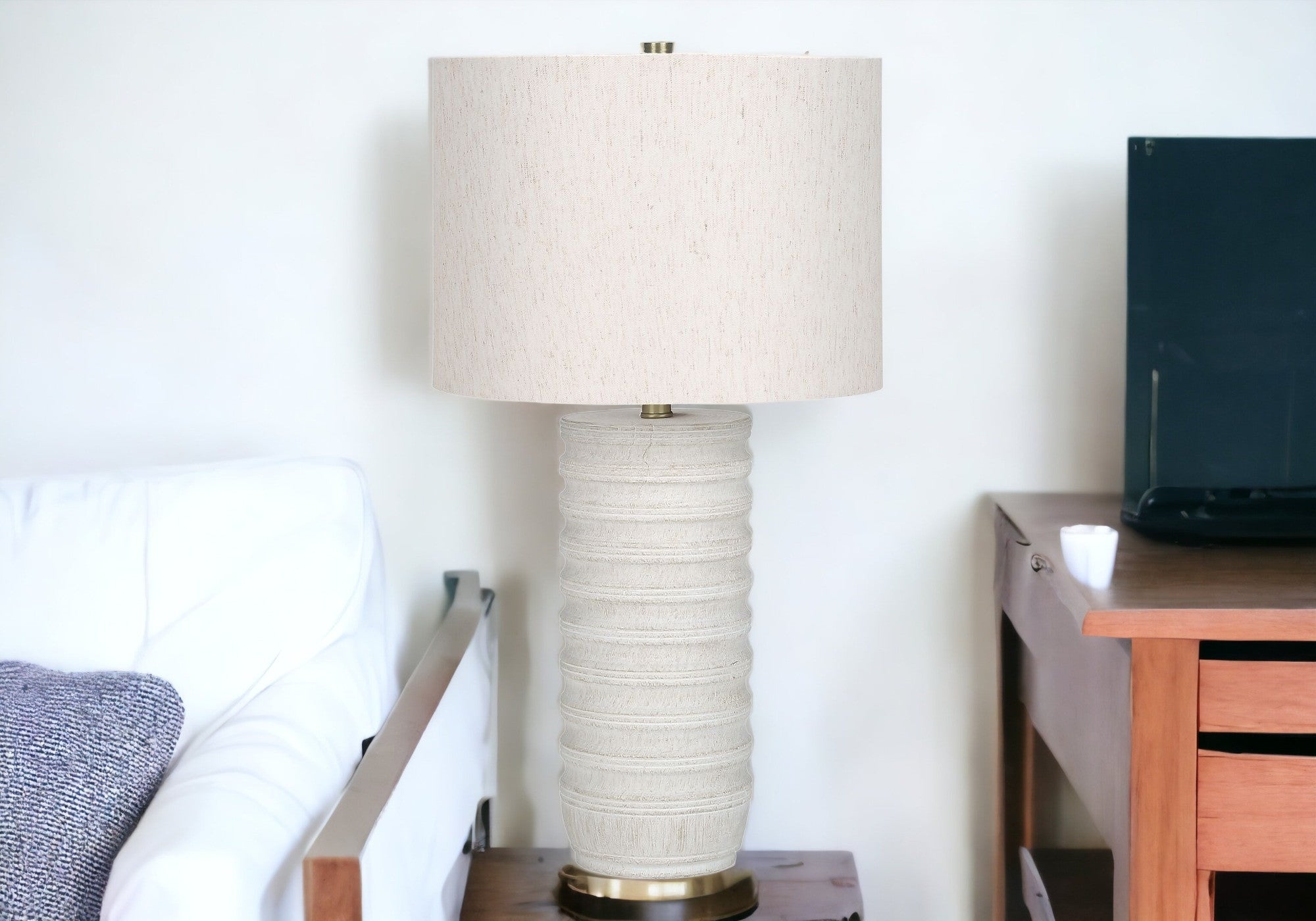 28'' Cream Cylinder Table Lamp With Cream Drum Shade