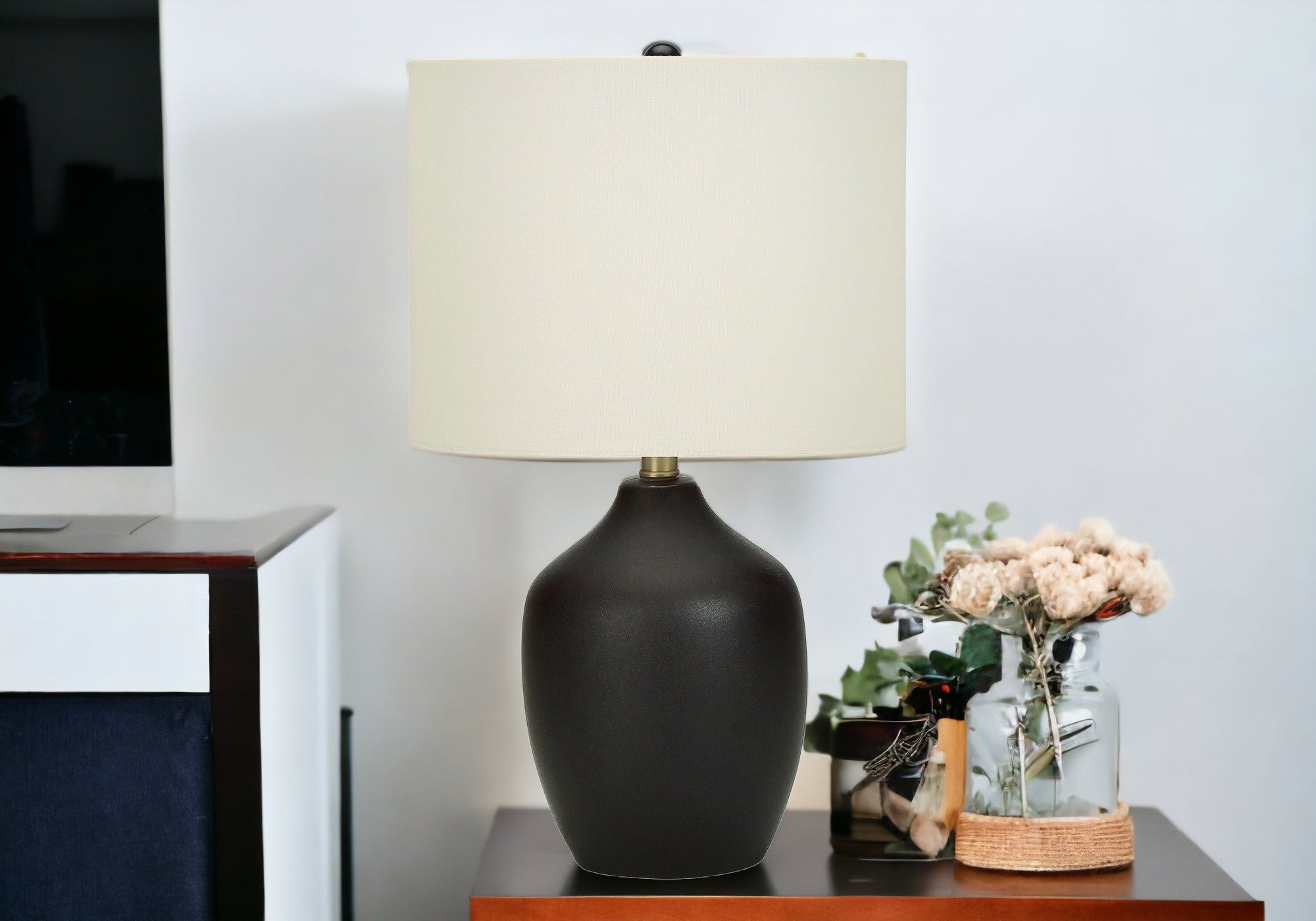 22'' Black Ceramic Urn Table Lamp With Ivory Drum Shade