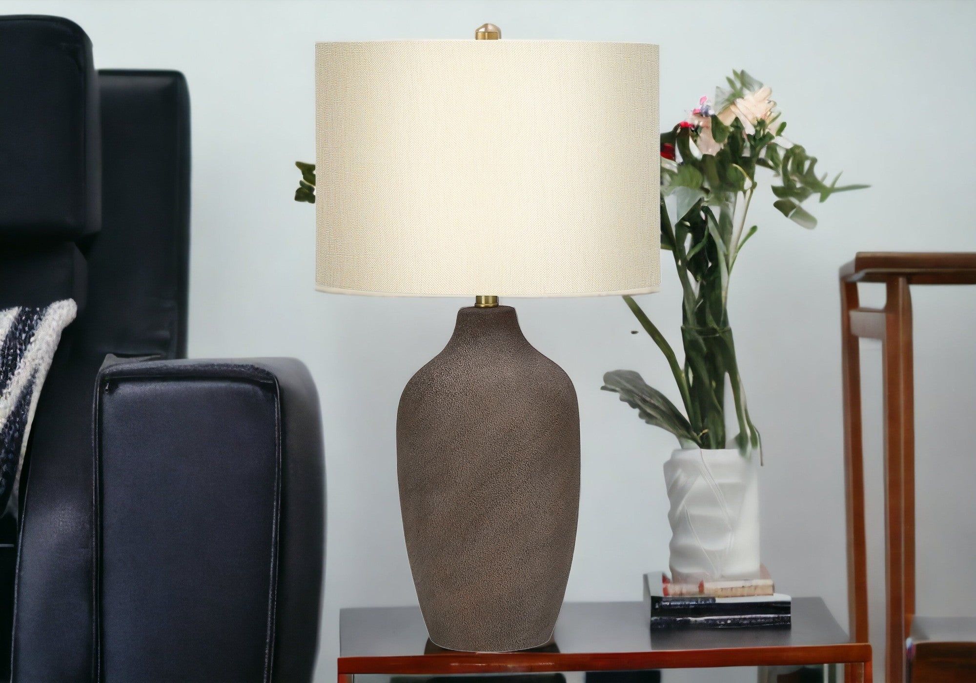 27'' Gray Ceramic Urn Table Lamp With Beige Drum Shade