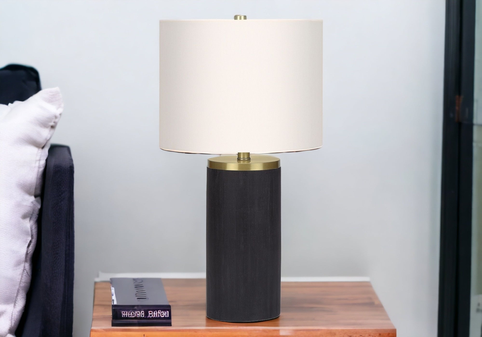 24'' Black And Gold Concrete Cylinder Table Lamp With Ivory Drum Shade