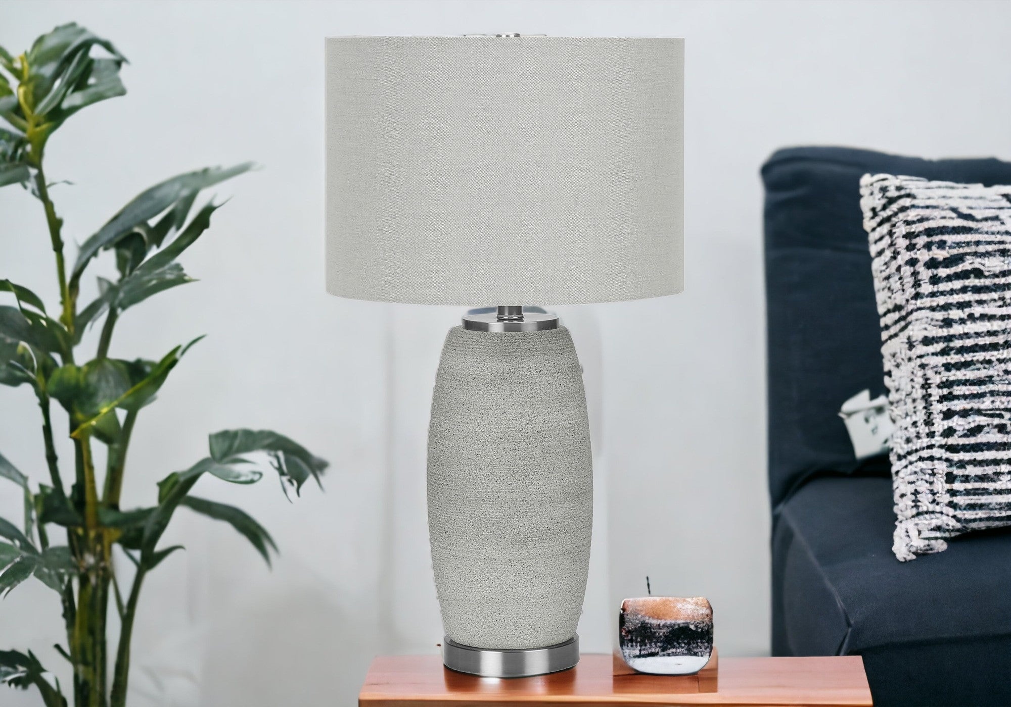 25'' Gray And Silver Ceramic Cylinder Table Lamp With Gray Drum Shade