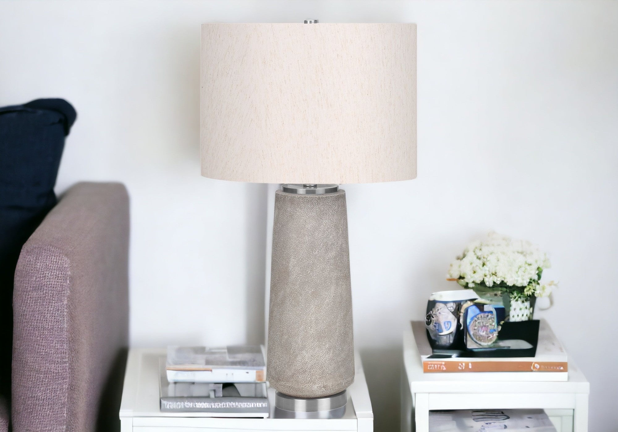 29'' Gray And Silver Cylinder Table Lamp With Ivory Drum Shade