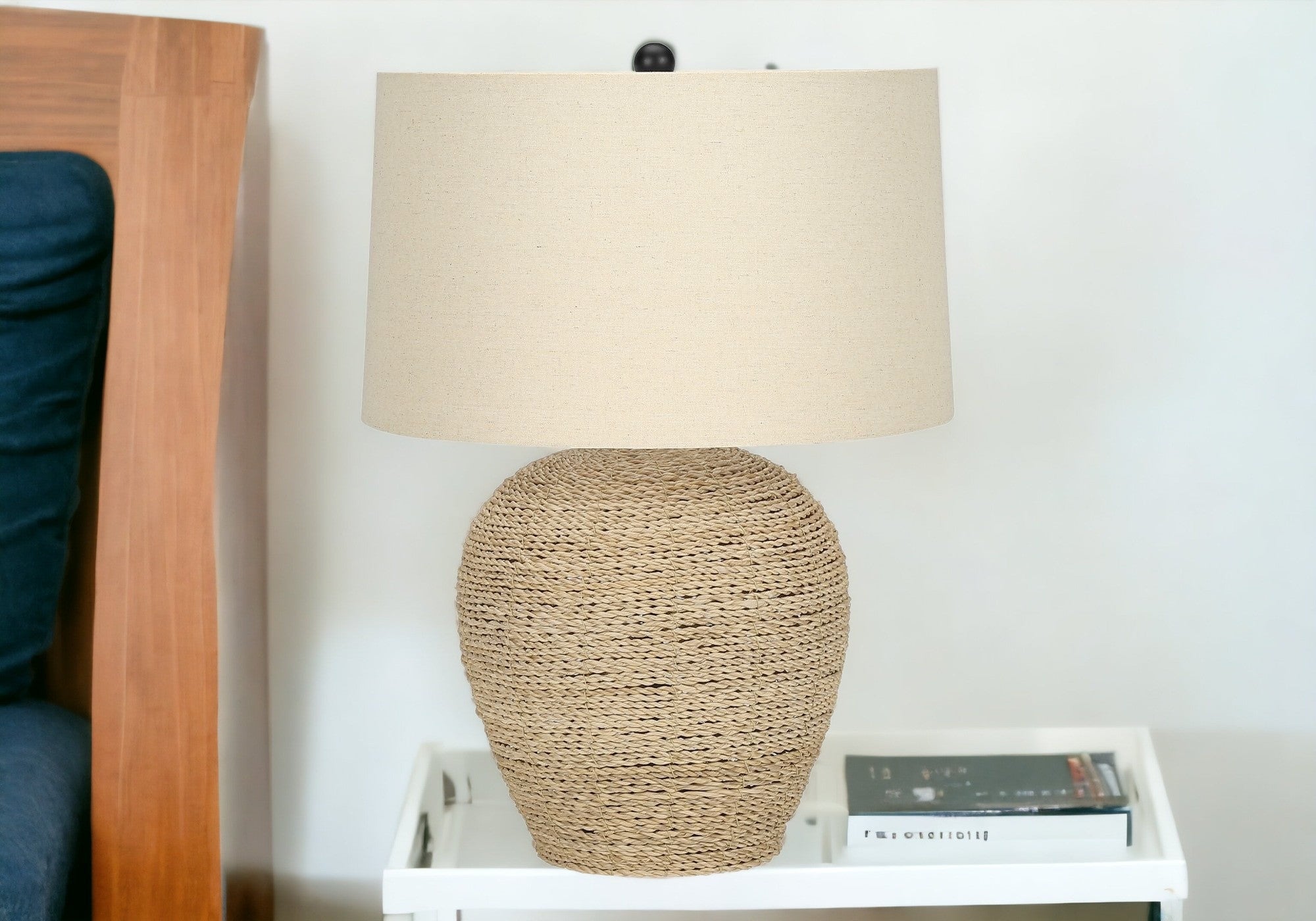 25'' Beige Rattan Round Table Lamp With Beige Drum Shade