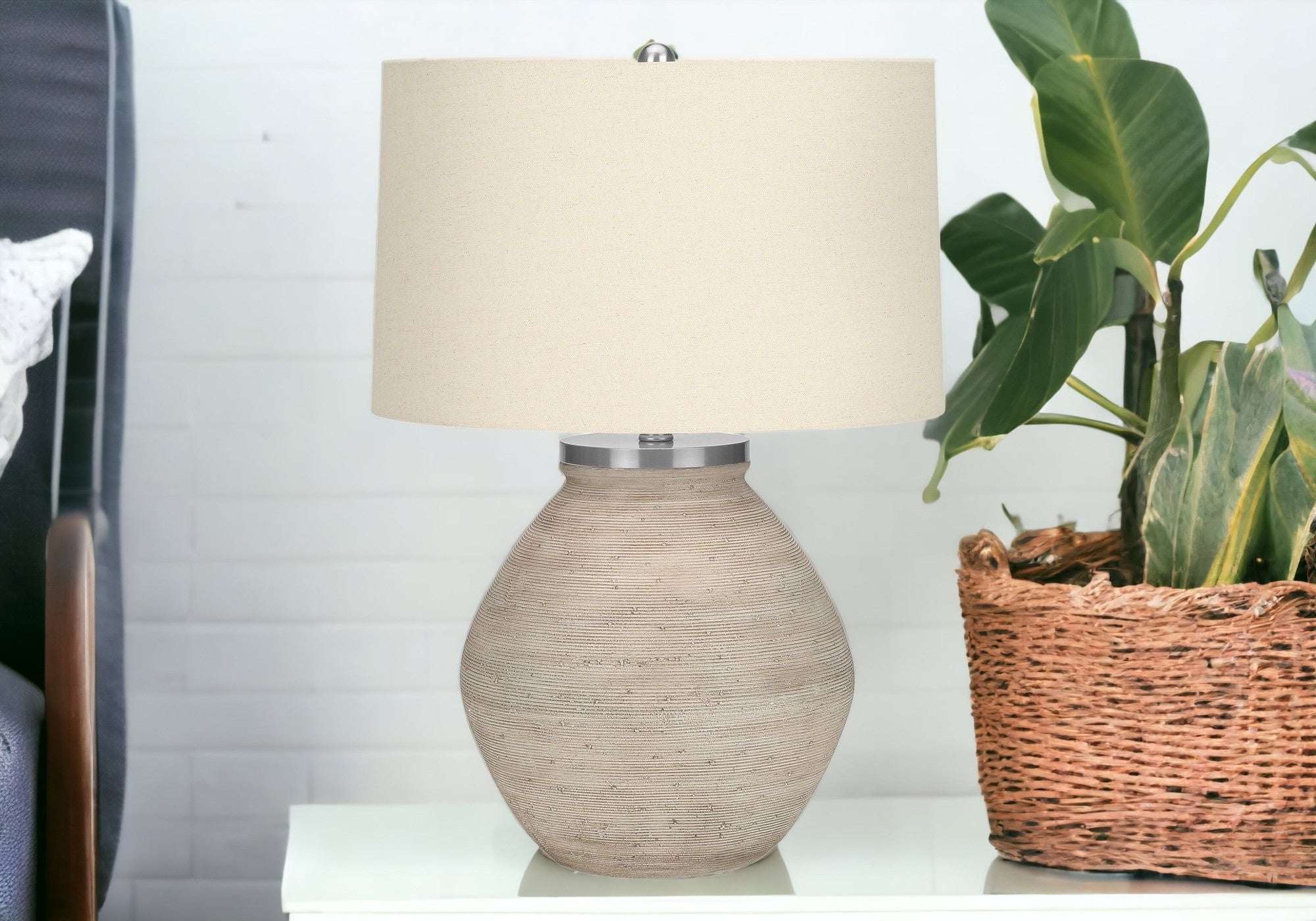 25'' Cream Concrete Round Table Lamp With Beige Drum Shade
