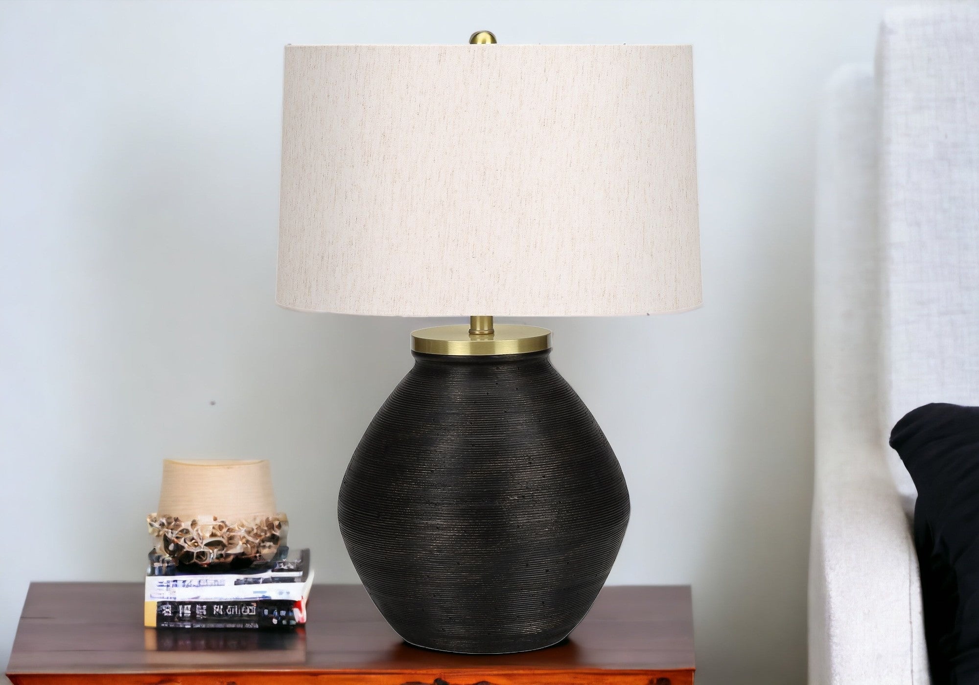 25'' Black And Gold Concrete Round Table Lamp With Ivory Drum Shade
