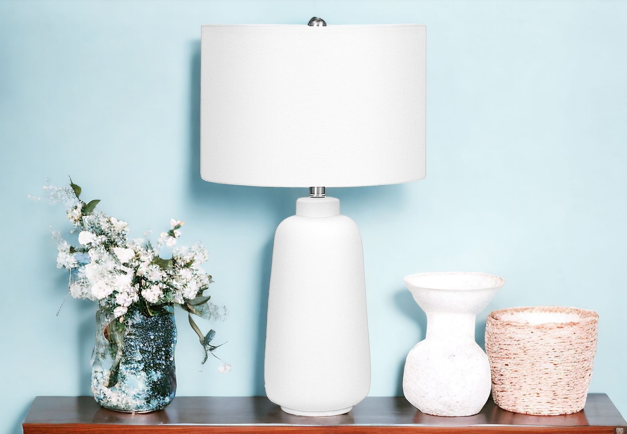 26'' Cream Ceramic Cylinder Table Lamp With Cream Drum Shade