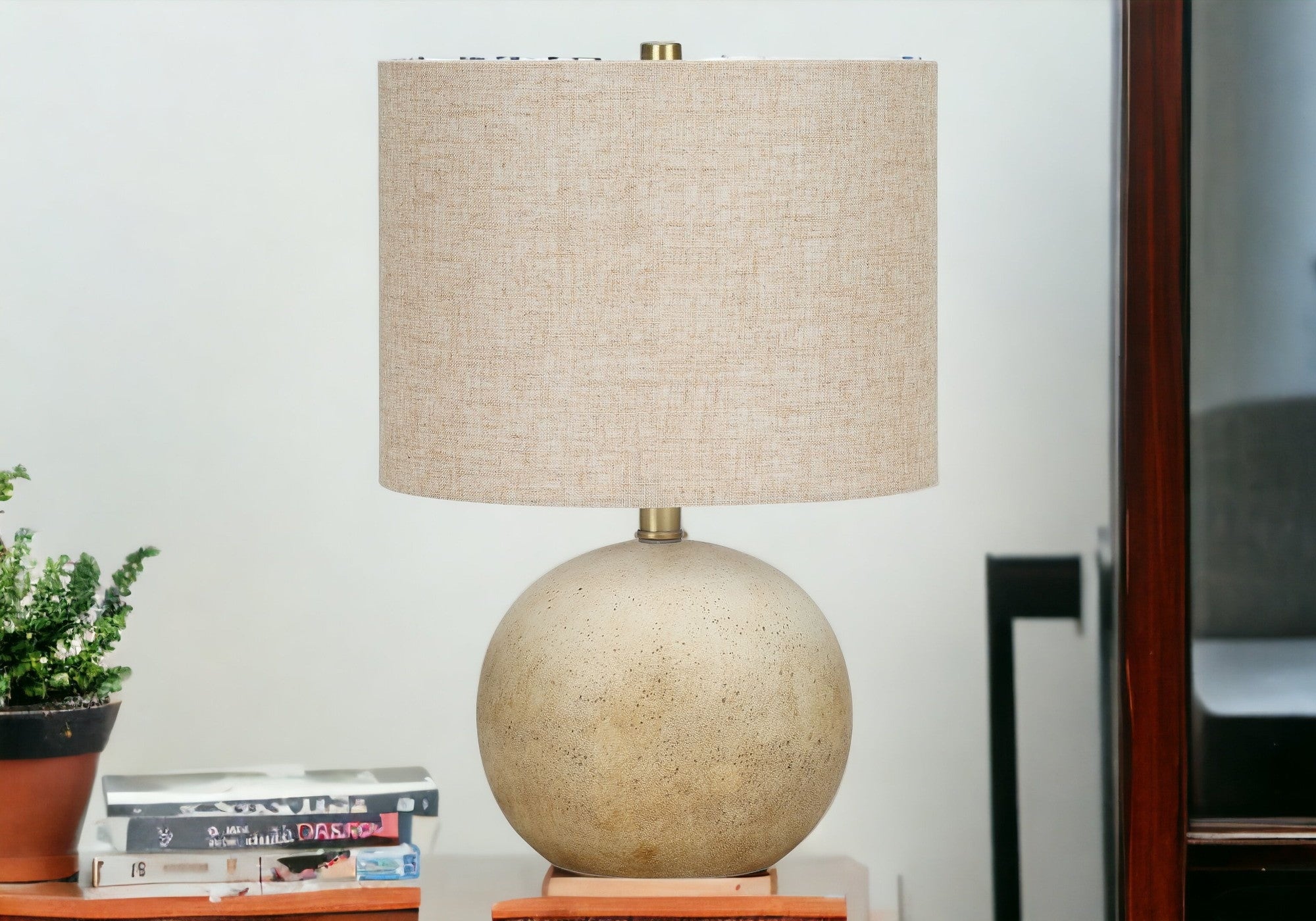 20'' Beige Concrete Round Table Lamp With Beige Drum Shade