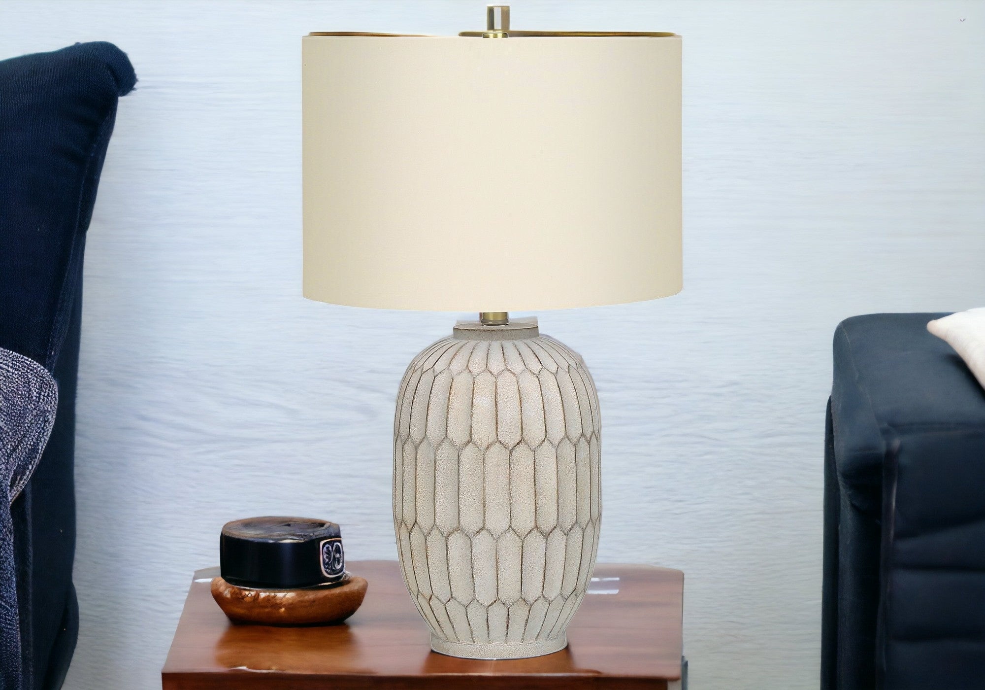 24'' Cream Geometric Table Lamp With Cream Drum Shade