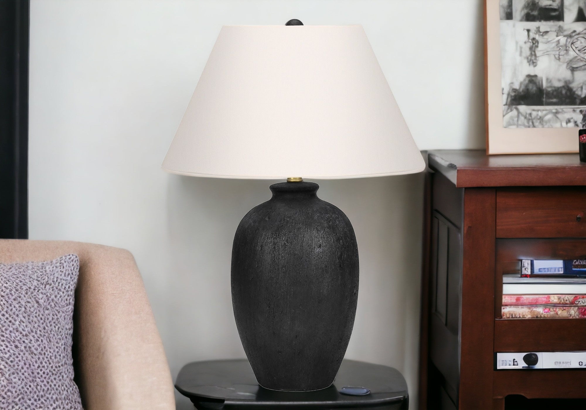 24'' Black Ceramic Round Table Lamp With Ivory Empire Shade